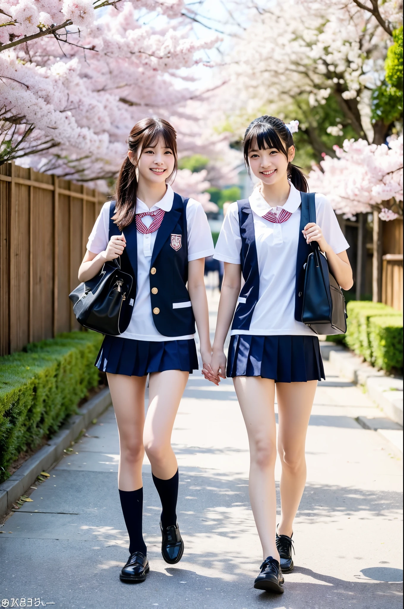 2 girls walking under cherry blossoms in old-Japanese street,wet blue school swimsuit with white trim,school bag,18-year-old,bangs,a little smile,thighs,knees,low ponytail with barrette,from below,front light