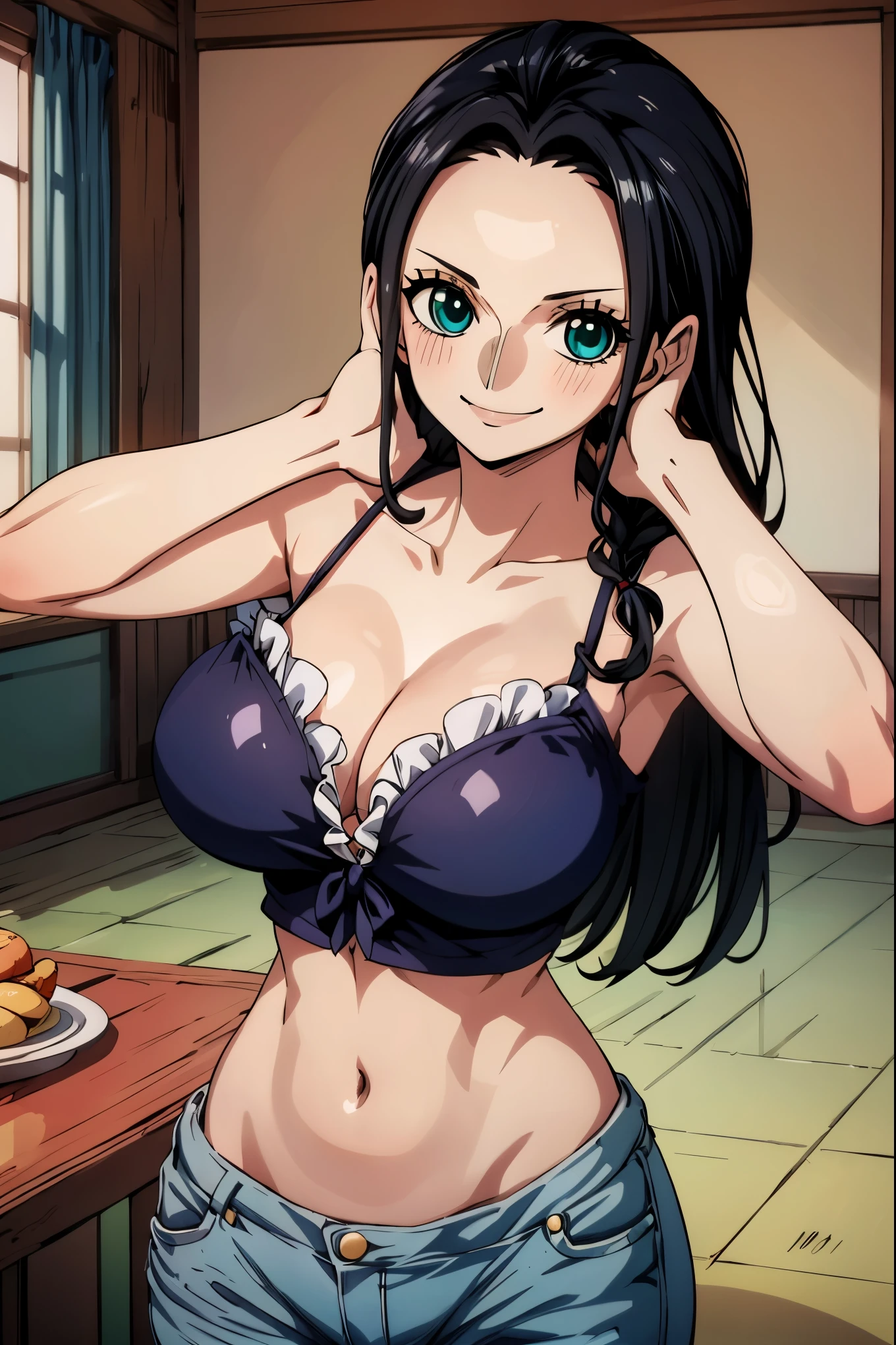 masterpiece, highest quality, 8K, ultra high resolution, highest quality, anime style, best writing, beautiful face,
Nico Robin, wano style, 1 girl, aqua eye, black hair, 最高のsmile
(braided hair:1.3), light blue camisole, frills, crtopop, Navel exposed, short denim pants, big breasts, long hair, 非常にlong hair, (free pose:1.3), smile, alone, Are standing, inside the room, dining room, flooring, sit on the sofa, ((masterpiece)) , upper body