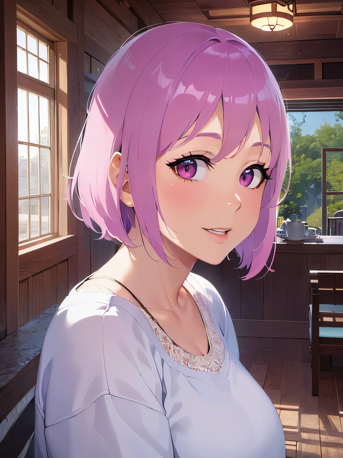 shooting from above、selfie, Upper body is shown、Realistic, real person, RAW photo, photorealistic, portrait photography, shiny skin, japanese idol、pink hair、bob cut hair with bangs、20 year old woman with pink eyes、smile, open mouth, Alone、(white:1.2) and (T-shirt) and (pink apron), The background is the living room、Are standing