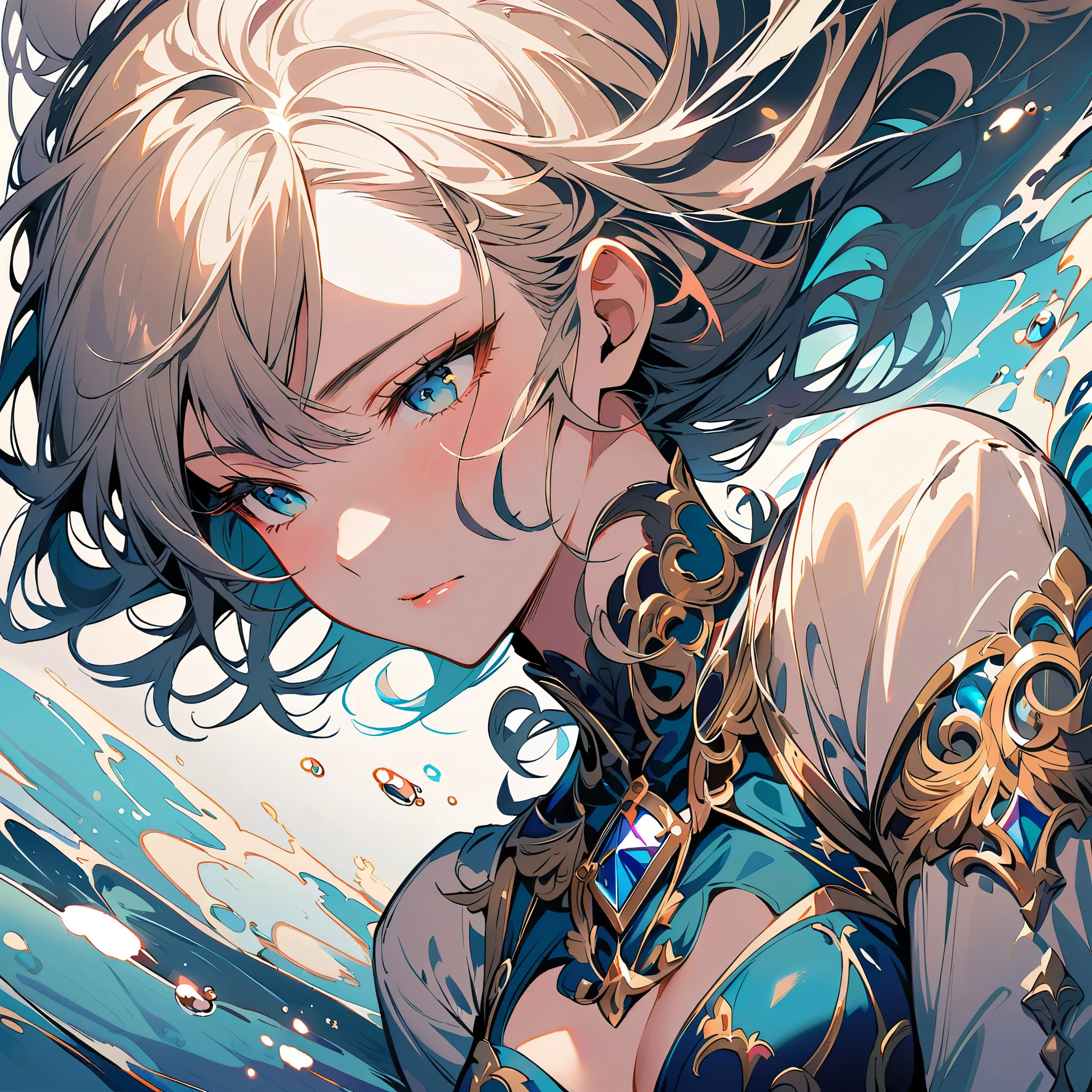 a women looking down onto water surface, her detailed reflection looks like a mirror image of her detailed face and beauty, perfectly detailed face, perfectly detailed water reflection