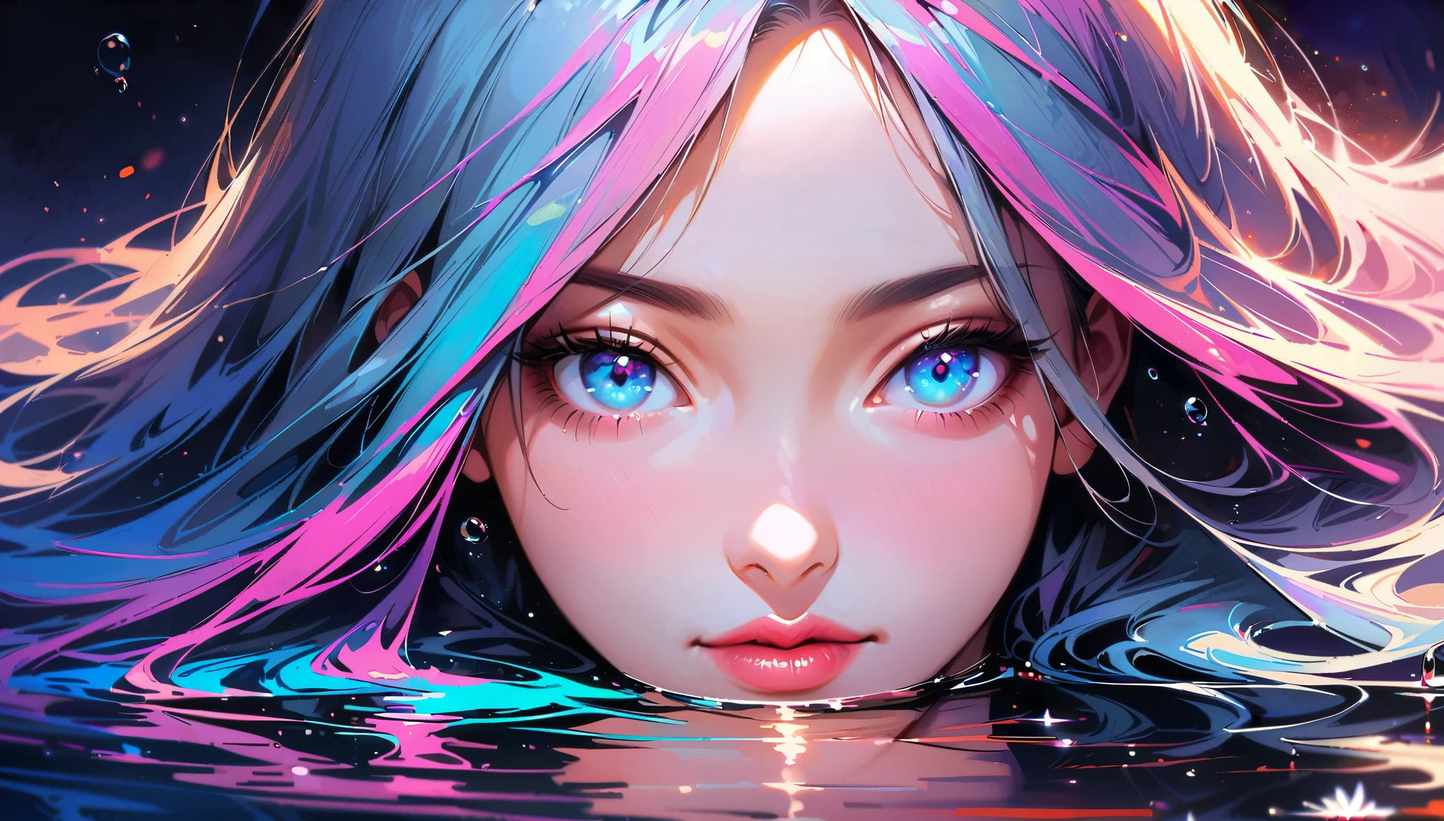 (highres,masterpiece:1.2),ultra-detailed,(realistic:1.37),a women looking down onto water surface,her detailed reflection looks like a mirror image of her detailed face and beauty,perfectly detailed face,perfectly detailed water reflection,beautiful detailed eyes,beautiful detailed lips,extremely detailed eyes and face,longeyelashes,medium:oil painting,vivid colors,soft lighting,gentle breeze,peaceful surroundings