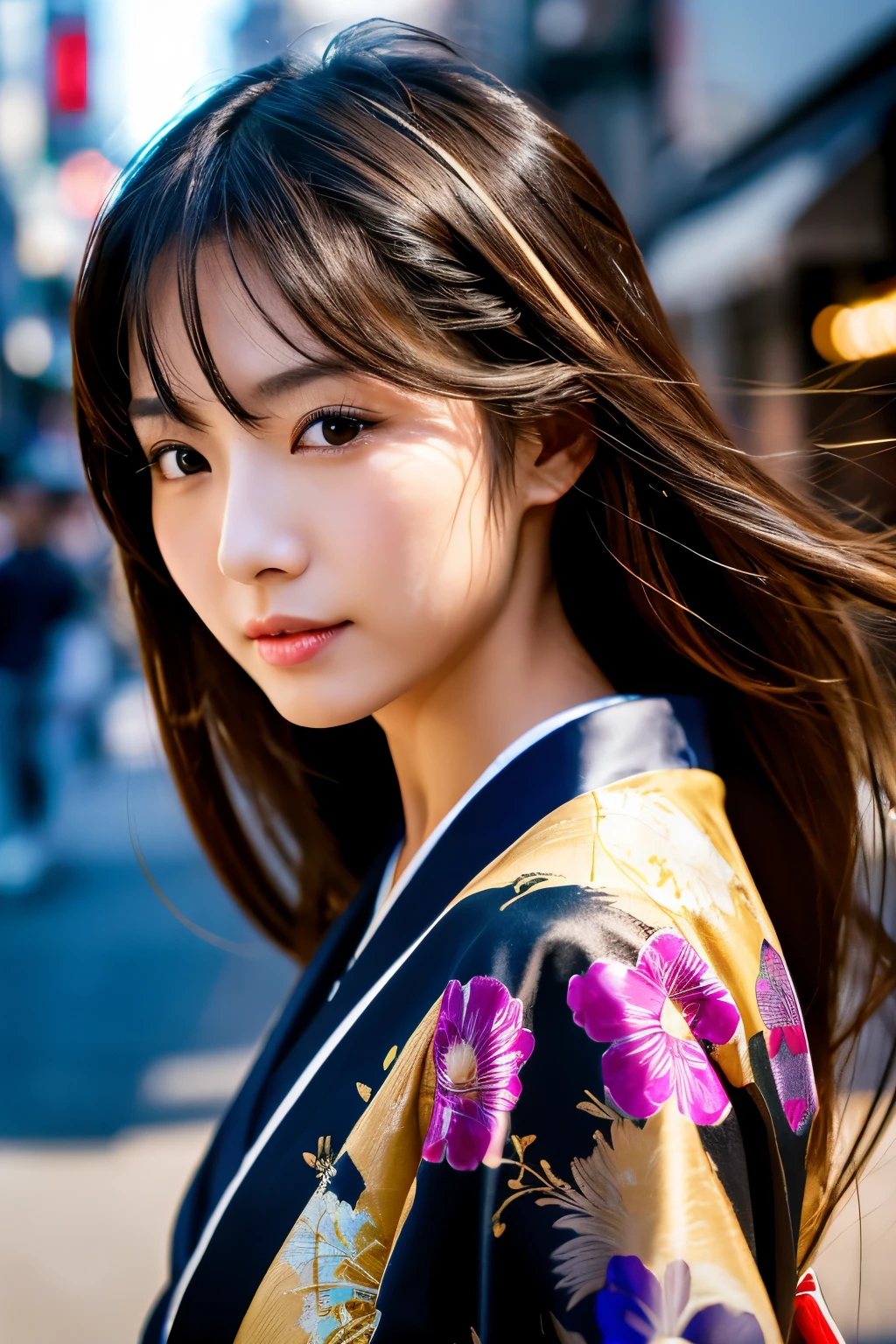 Beautiful Japanese supermodel woman, A lock of hair with slight highlights, black eyes, Sexy,street background,Gorgeous kimono , Liquid color flows across her face, Shooting against the light,Perfect facial lighting,mixed media