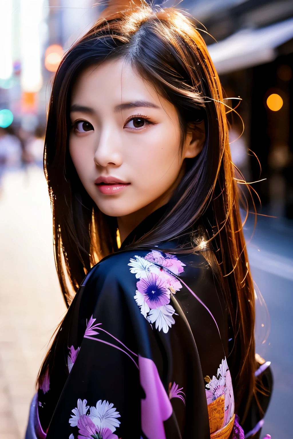 Beautiful Japanese supermodel woman, A lock of hair with slight highlights, black eyes, Sexy,street background,Gorgeous kimono , Liquid color flows across her face, Shooting against the light,Perfect facial lighting,mixed media