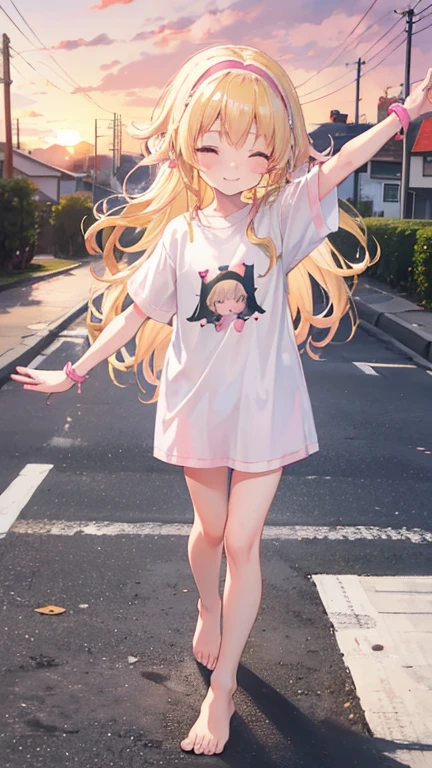 a cute 6  church girl named Brooke, blonde hair, long wavy hair, smile, short sleeved tshirt white, no pants, pink hairband, eyes closed, sunset, barefoot, wristbands, walking
