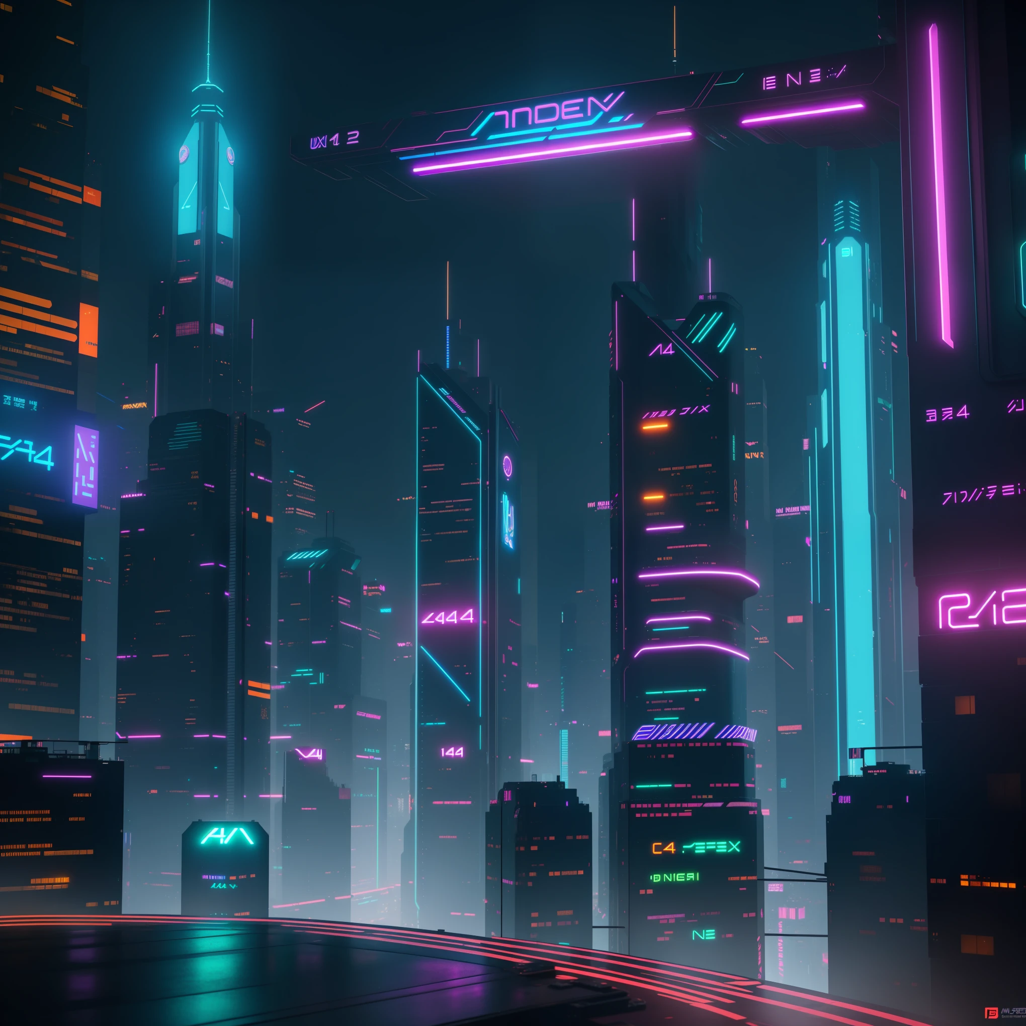  Cyberpunk cityscape, neon lights, futuristic architecture, symmetrical structures, wide-angle lens, neon signs, bustling streets, intricate details, digital art, Unreal Engine, C4D, Blender, high-rise buildings, interplay of light and shadow, vivid colors, studio lighting, ultra-detailed, HDR, professional, vibrant colors, bokeh