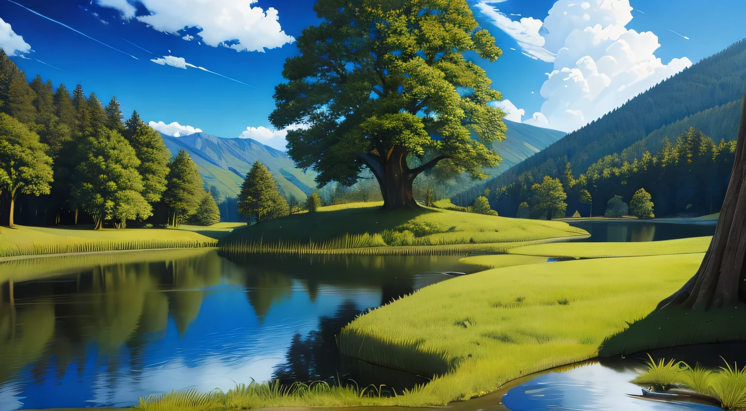 (Disney landscape masterpiece: 1.0), (the most beautiful work of art: 1.2), (Very detailed CG unified 8k wallpaper: 1.4), A serene and charming Disney landscape painting, (The most beautiful works of art in the world: 1.2), A professional and majestic oil painting, (complicated: 1.5), (high detail: 1.5), Clear focus on calm water, (dramatic: 1.3), (realistic art: 1.5), Blue sky and white clouds dot the scene, (clear water: 1.0), Detailed depiction of trees