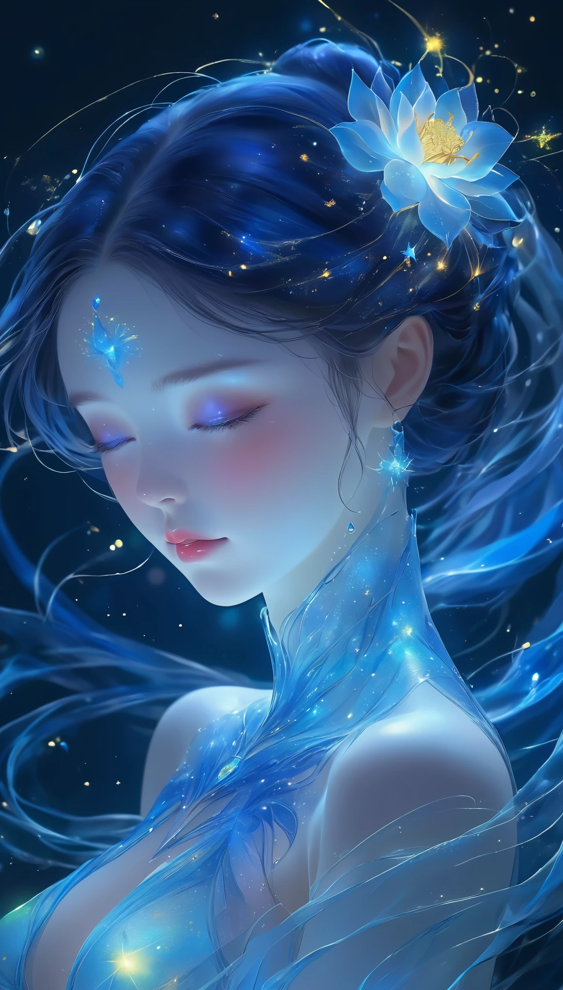 imagine a glass woman, Her delicate figure is sculpted like a work of art, Crying in the Starry Sky. The blue night enveloped her, Casting a melancholy glow over her ethereal figure. Her glass body glows with bright blue hues, Every line and curve is etched with intricate detail. The glass in her eyes reflects the twinkling stars, Reflecting the infinite depth and emotion of the universe. Her sadness is beyond words, But her beautiful figure remains untarnished, Proof of the extraordinary power of emotion. This 4K glass woman is an exquisite picture of light and shadow, color, and feeling, Arrive,body glow,glowing line,fluorescence,Luminous example,Tracking example,flash,萤light particles,backlight,translucent,light particles,correct human anatomy,