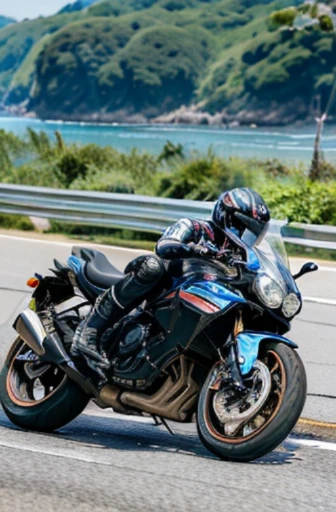 best quality, detailed, beautiful, insanely detailed, absurdres,perfect anatomy,
Japanese woman,black hair,27 years old,
(slender),
(small breasts),
full body shot, (seaside road:1.0),(Motorcycle racing crash scene)