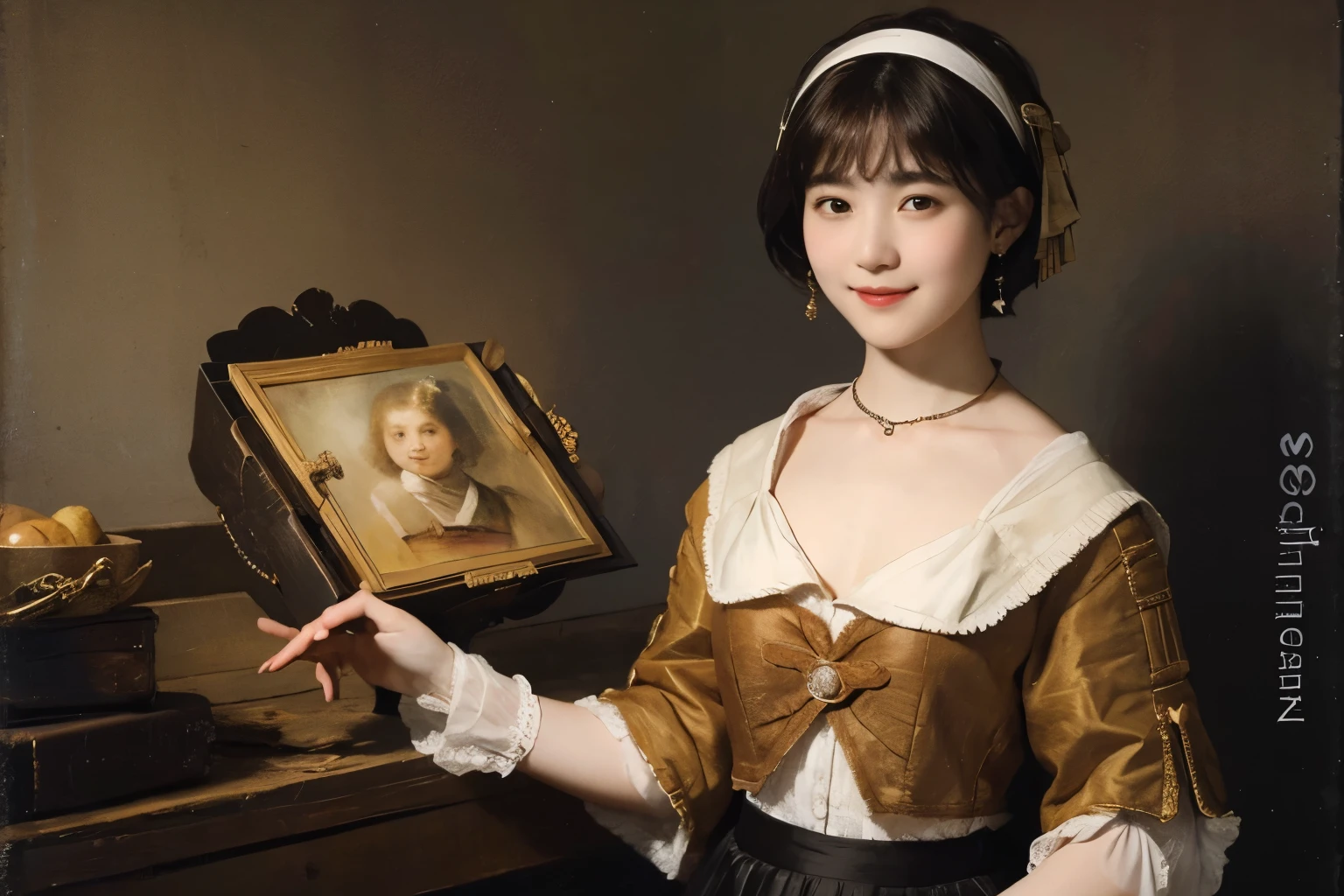 186 Short hair, 20 year old female, gentle smile, (rembrandt style painting), (chest:1.46), (wearing a skirt)

