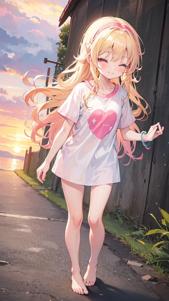 a cute 6 church girl named Brooke, blonde hair, long wavy hair, smile, short sleeved tshirt white, no pants, pink hairband, eyes closed, sunset, barefoot, wristbands, walking