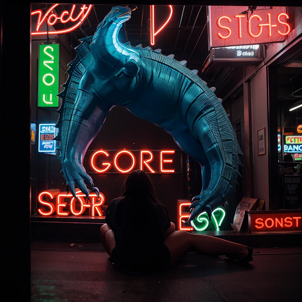 A neon sign in the window of  a strip bar, the sign is a bright and colorful godzilla outline