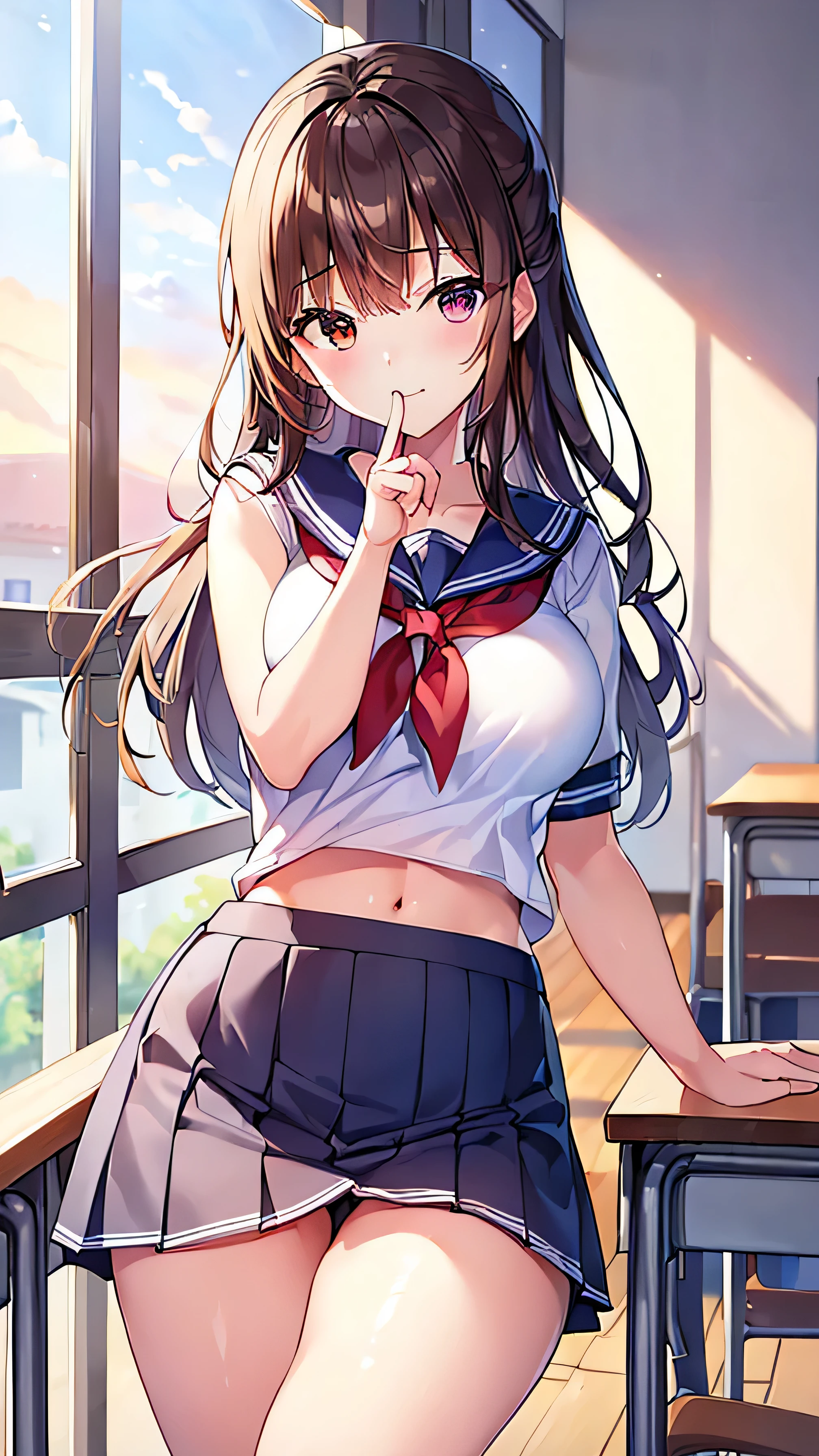 (best quality、8K、32k、masterpiece、north african trade zone、ultra high resolution、Impressionism、photorealism:1.2)、big breasts、cowboy shooting, Detailed face and eyes、 inside the classroom、School、Sunset、pretty face、blurred background、 beautiful girl、shiny skin、Hair half raised、beautiful brown hair、dull bangs、brown eyes、(close one eye、Place your index finger to your mouth、Sailor suit、pleated mini skirt、curve、(lift up skirt、i can see your pants:1.2)、thigh thigh thigh、(Navel exposed:0.4)、dynamic poses