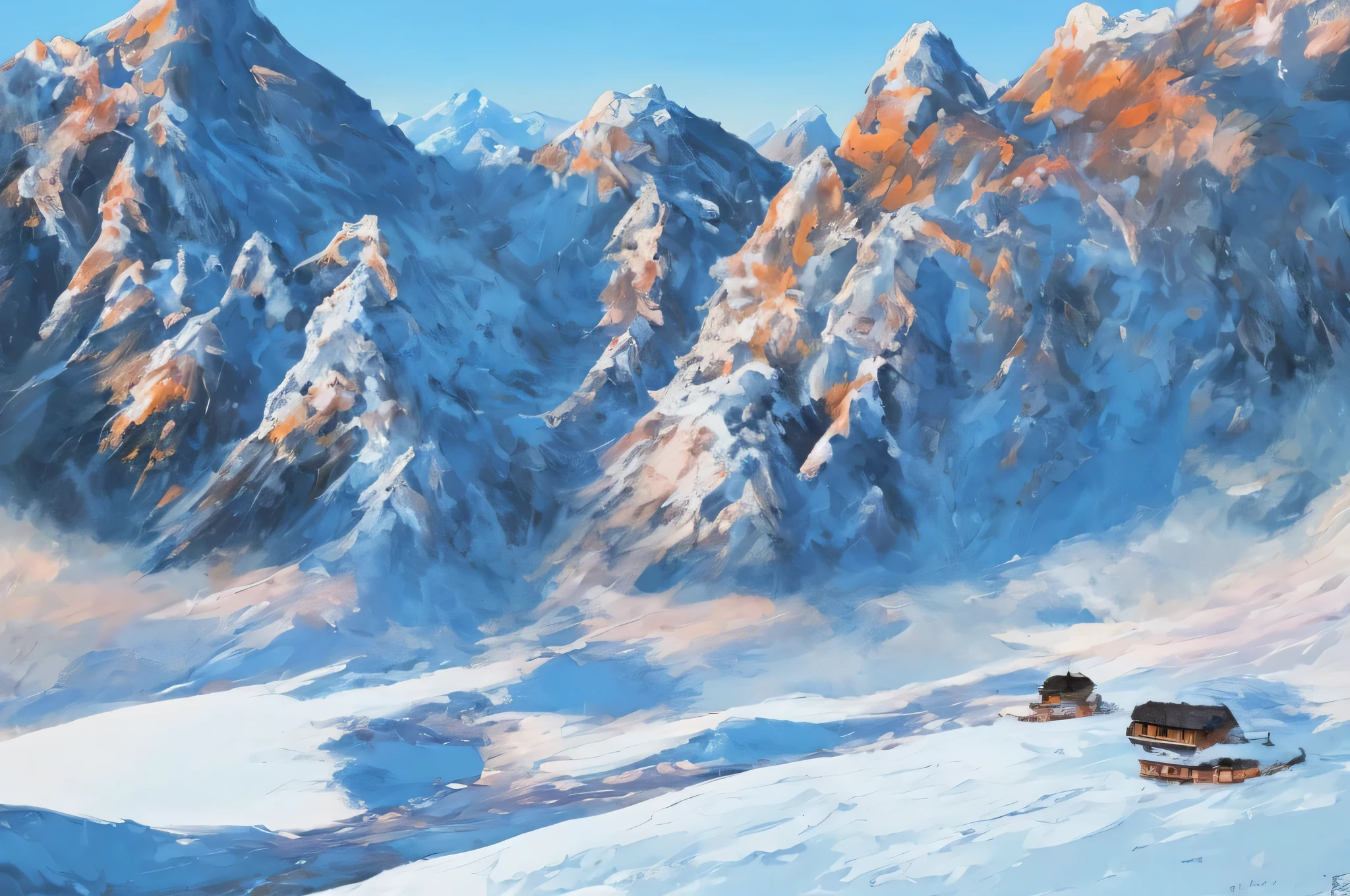 Sanduo art style. solid palette knife painting, thick oil paint, stunning scenery,snow mountain, gigantic scale, pastel colors, soft contrast, Extremely detailed and complex. At the top of the mountain, divine light, sharp focus