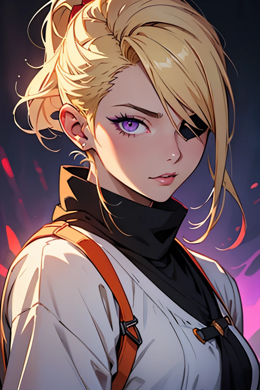 2d illustration, anime, a painting portrait in fine arts, in manhwa style, Bishamon from noragami, 1girl, black eye patch_left eye, 30 years old woman, blond hair, shopped undercut pixie, dark red lipstick, makeup, purple eyes, orange lights, sand background, dutch angle, dark atmosphere, beautiful, high definition, masterpiece, best quality, high detail, high detailed eyes, grain filter, daylight
