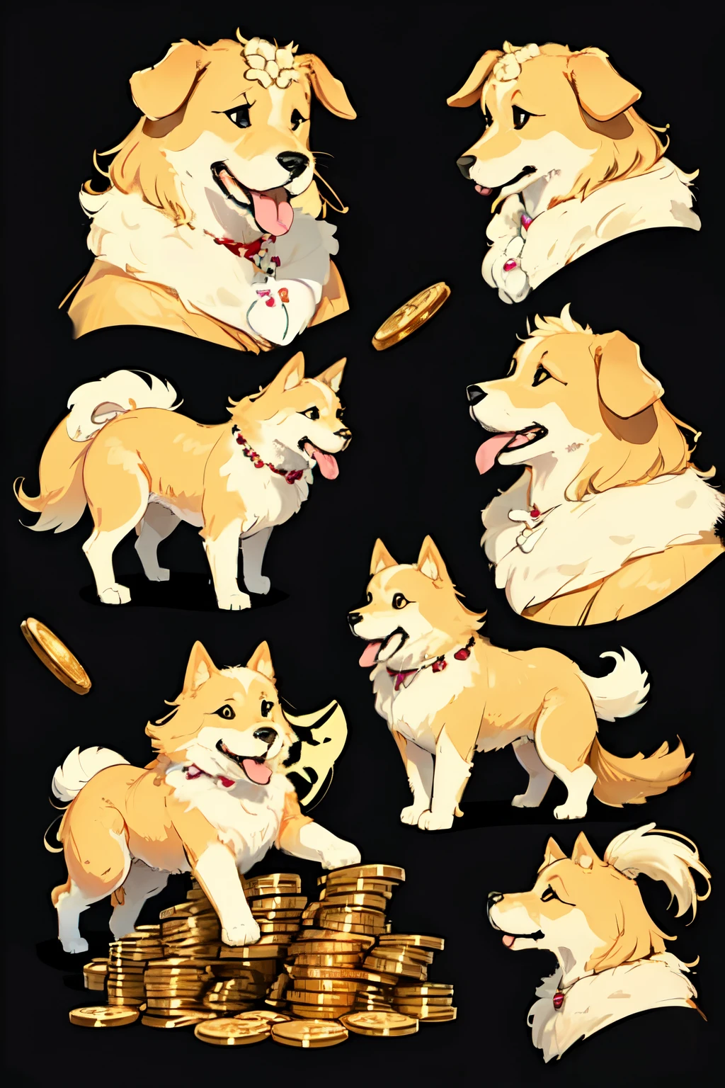 ((Melhor qualidade)), ((golden breed dog)), (drawing of a golden breed dog biting a bag full of coins), rosto de desenho