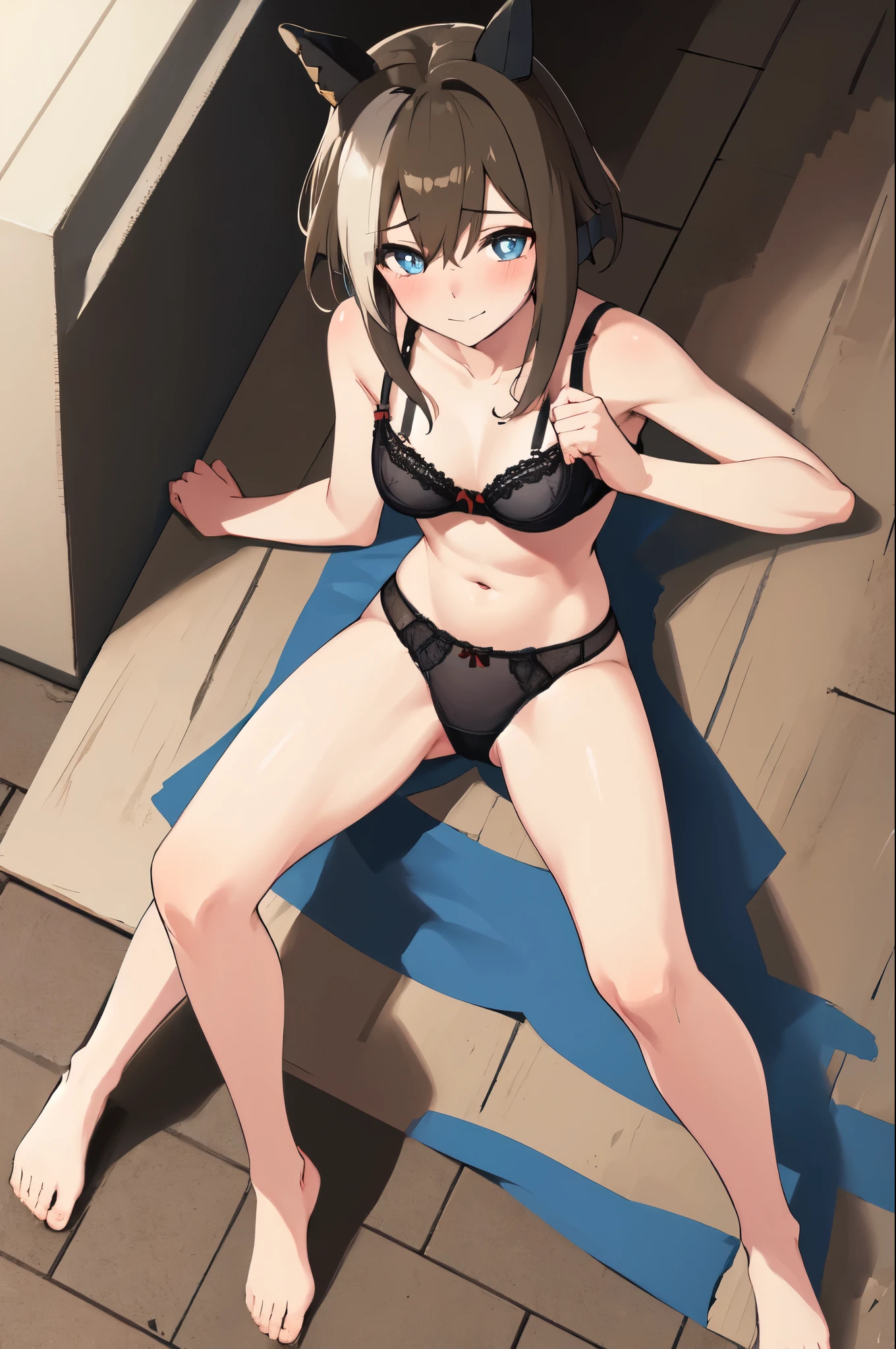 highest quality, masterpiece, High resolution,alone, 1 girl,slight smile, looking at the viewer, horse ears, horse tail, Medium , (From above:1.2), bent down, blush,perfect lighting,((panties)),((bra)),