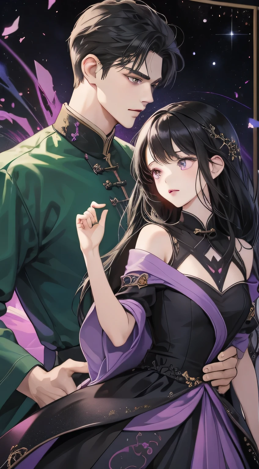 couple, girls and boy,  Long black hair and purple eyes, Short black hair and dark green eyes, Romantic, dress dress, Chinese, Mixed color galaxy background, handsome face, Romantic的，There are boys and girls on both sides of the screen，Look at each other from afar 。Extreme details, the art of mathematics, 