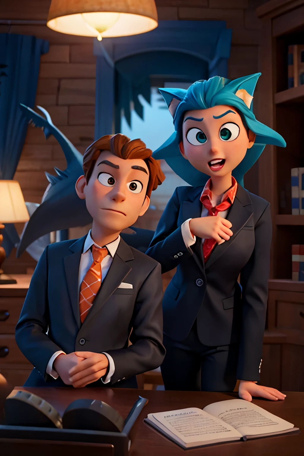an image in pixar style of the image of a wolf and a shark dressed as executives