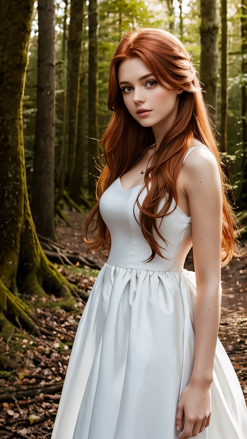 Beautiful redhead girl with brown eyes and long hair wearing elegant white dress in a forest photo shoot 