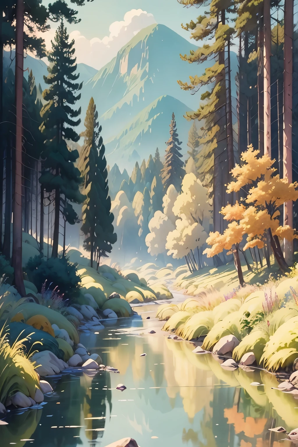 Painting of a small stream flowing through a dense green forest，lush trees, Detailed 4k, mountains, rivers and trees, Anime landscape wallpaper, Beautiful art ultra hd 4k, anime rural scenery, Detailed Landscape—Width 672, Beautiful digital painting, 4k highly detailed digital art, beautiful anime scenery, 8k high quality detailed art, anime nature wallpap, anime nature