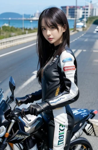 best quality, detailed, beautiful, insanely detailed, absurdres,perfect anatomy,
Japanese woman,black hair,27 years old,
(slender),
(small breasts),aerial view
full body shot, (seaside road:1.0),(Motorcycle racing crash scene)