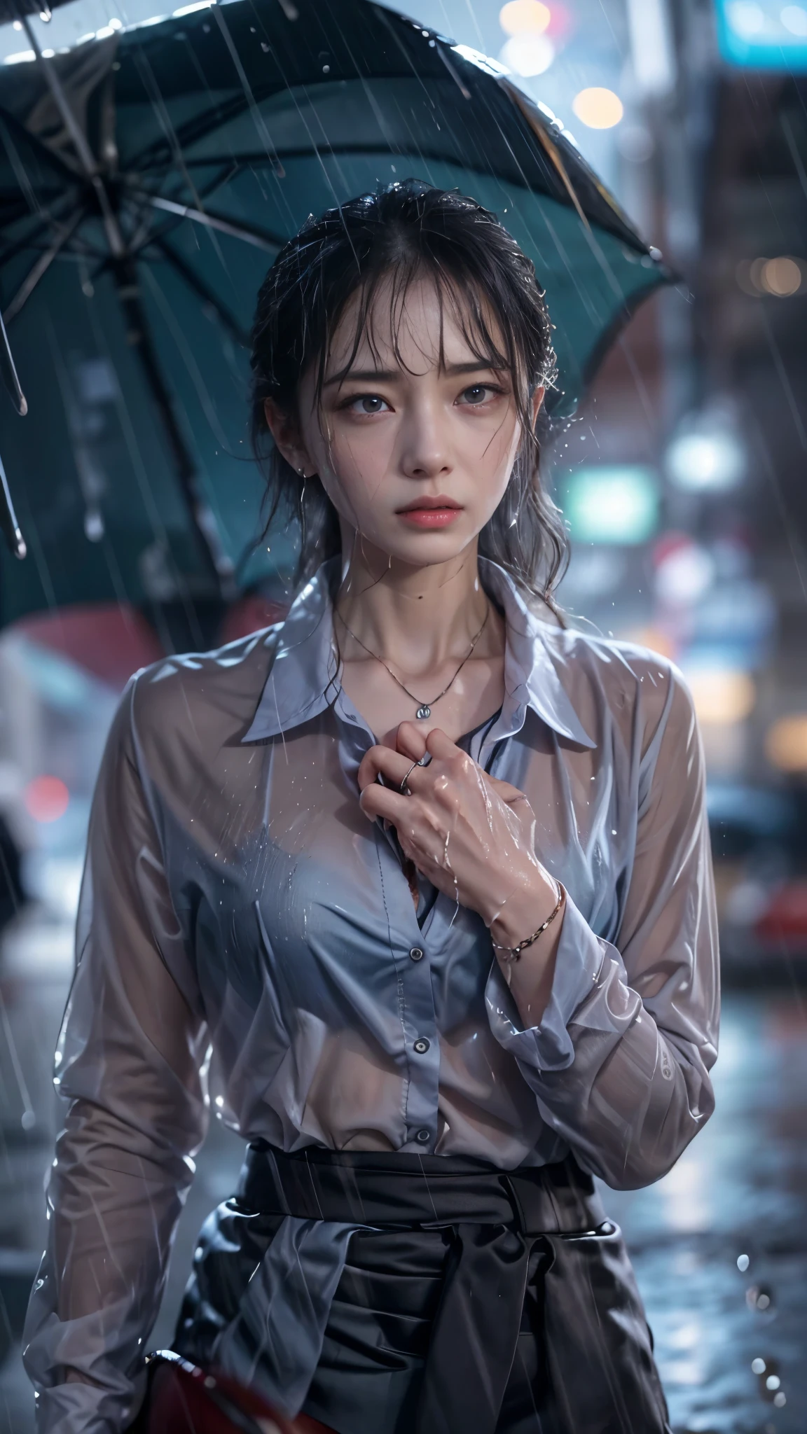 (RAW shooting, Photoreal:1.5, 8K, highest quality, masterpiece, ultra high resolution), perfect dynamic composition:1.2, Night street corner of a modern city, cry with a broken heart:0.7, (((Typhoon heavy rain))), Highly detailed skin and facial textures:1.2, Slim office lady wet in the rain:1.3, Fair skin:1.2, sexy beauty:1.1, perfect style:1.2, beautiful and aesthetic:1.1, very beautiful face:1.2, water droplets on the skin, (rain drips all over my body:1.2, wet body:1.2, wet hair:1.3, Wet tight skirt:1.2, wet office lady uniform:1.3), belt, (Medium chest, Bra see-through, Chest gap), (expression of sadness, The expression on your face when you feel intense caress, Facial expression when feeling pleasure), (beautiful blue eyes, Eyes that feel beautiful eros:0.8), (Too erotic:0.9, Bewitching:0.9), cowboy shot, Shoulder bag, necklace, earrings, bracelet, clock