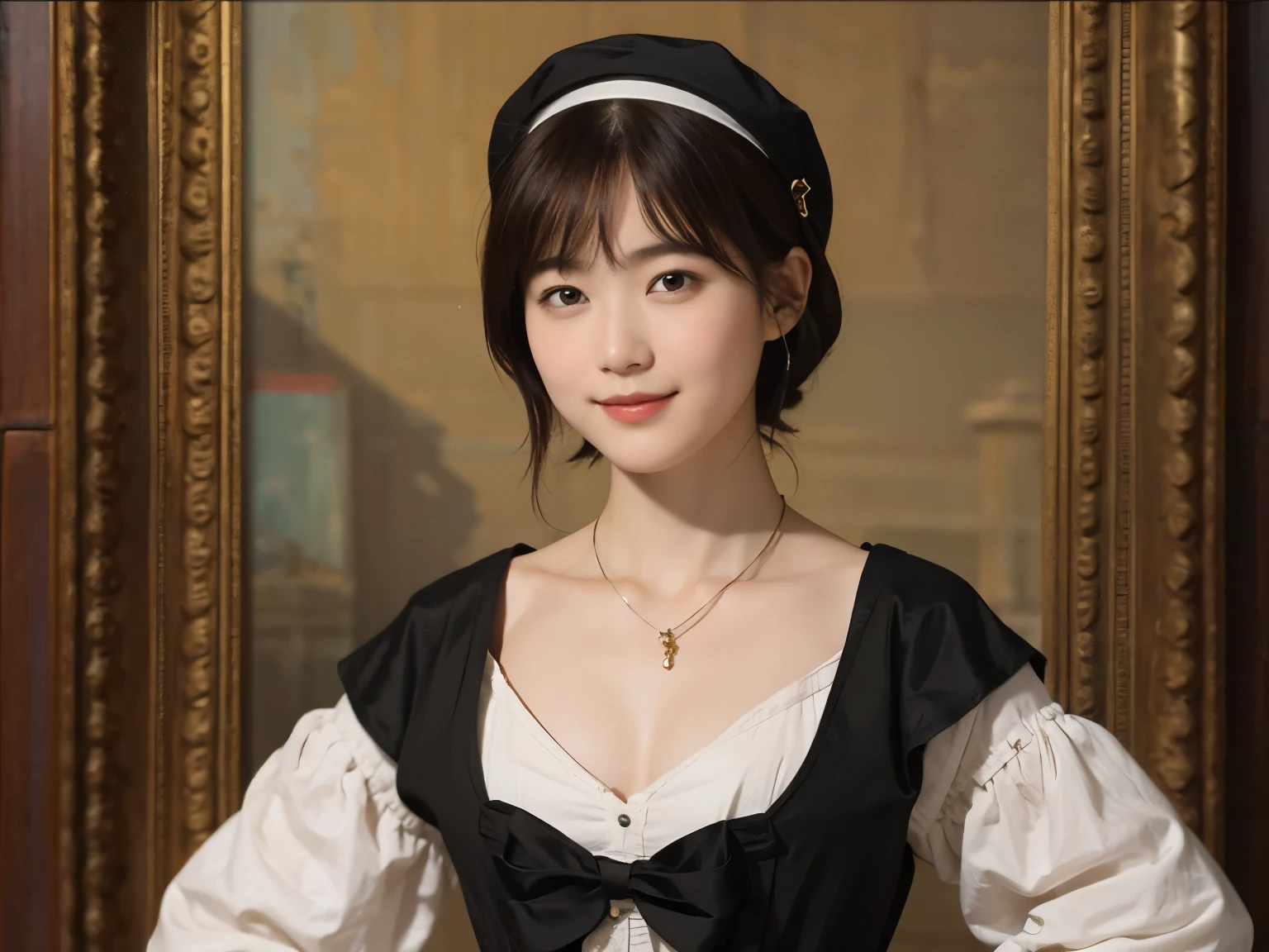 186 Short hair, 20 year old female, gentle smile, (rembrandt style painting), (chest:1.46), (wearing a skirt)
