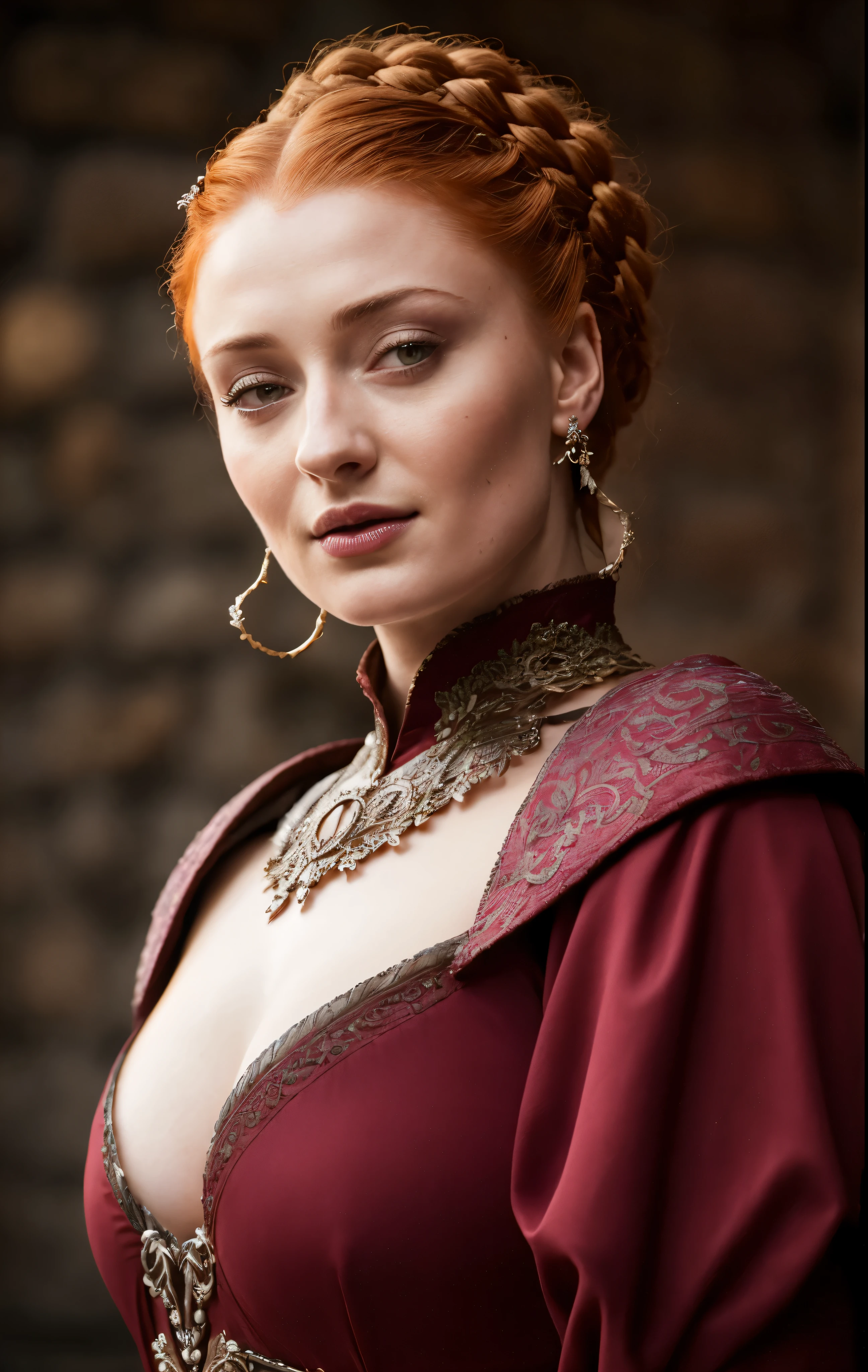 Face of Sophie Turner, Sansa Stark played by Sophie Turner, the de facto Lady of the Eyrie, is a 40-year-old mature queen with a stunning, alluring appearance. Full Face, pierced eyes, reddish lips, upper body shot, erotic Mediaeval costumes, game of thrones costumes, She wears a Game of Thrones-inspired costume and has a deep cleavage, a perfect thick body, and a perfect thick figure. The photograph captures her in a close-up, with her skin texture and facial features being ultra-realistic and realistic.