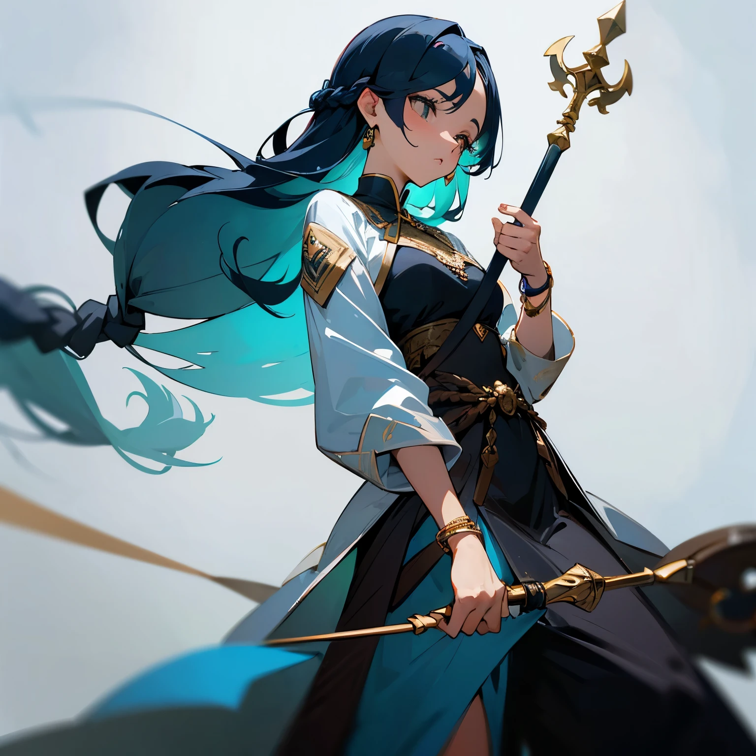 ((Corpo todo))((Desenho)) Crie uma elfa de corpo magro e pele branca, her hair is red and braided, ela veste um longo vestido branco com adornos dourados, on her wrists she is full of bracelets. She holds a staff in her hands