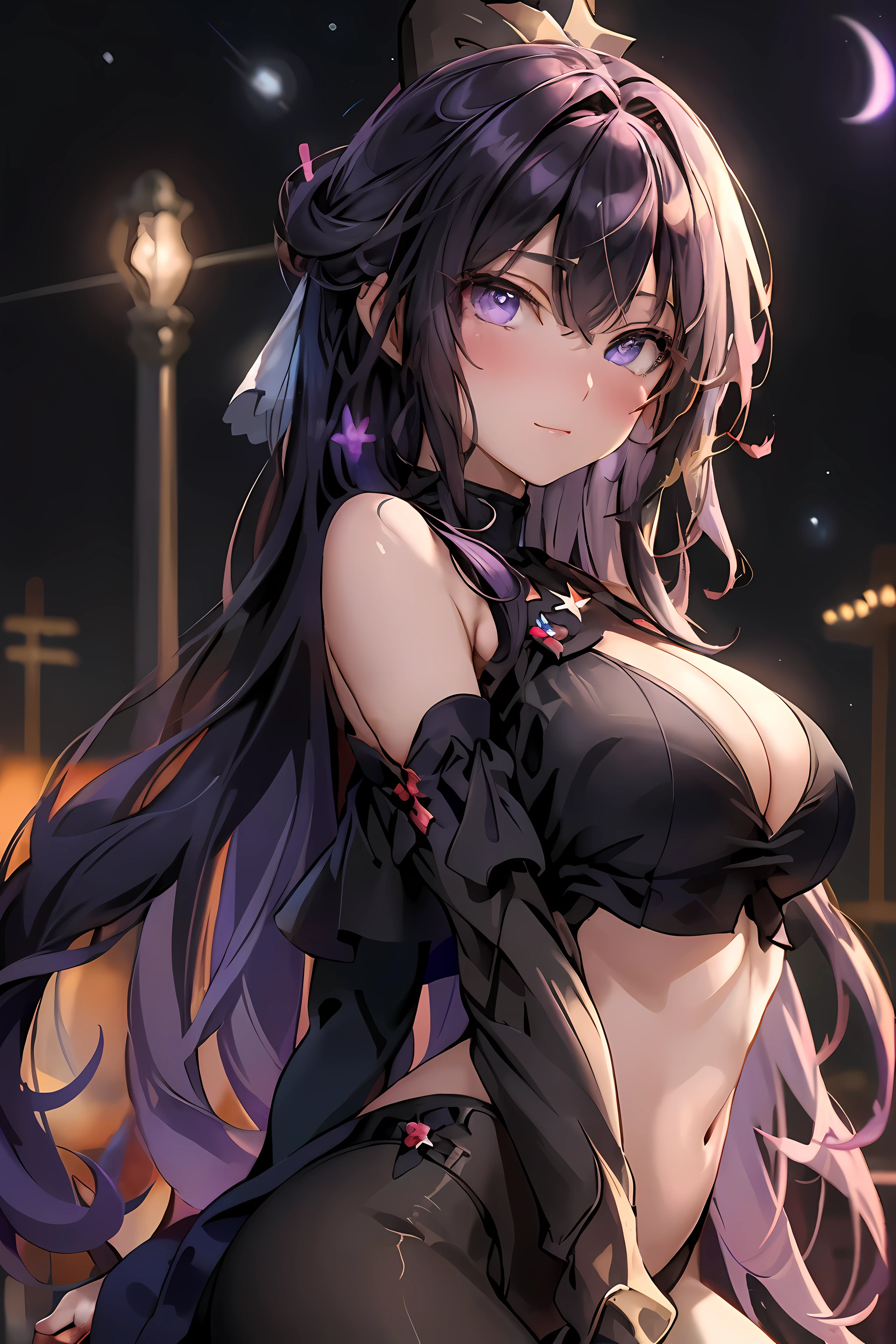 ((Best quality)), ((Meisterwerk)), (detailliert), perfektes Gesicht, sehr detailliertes Gesicht, pretty purple eyes, cute sexy anime girl with long hair, different phantasie dimension, outside, detaillierte sternennacht mit sicht auf andere galaxien, halfnaked