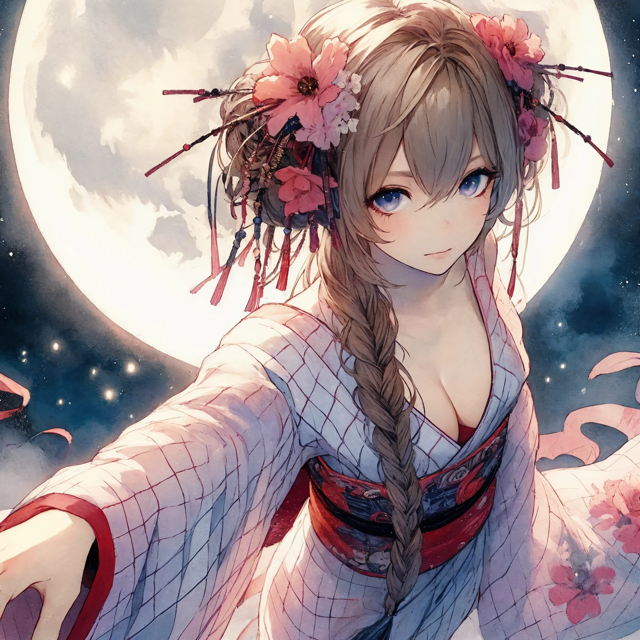 (best quality,4k,highres,masterpiece:1.2),ultra-detailed,(realistic,photorealistic,photo-realistic:1.37),nightcore,beautiful anime girl,beautiful anime woman,anime style,anime artwork,anime wallpaper 4k,anime art wallpaper 4k,gorgeous anime girl with a flower crown in front of a full moon,lovely wife anime girl wearing a beautiful dress,Guates, detailed drawn beautiful dark eyes, detailed beautiful large breast