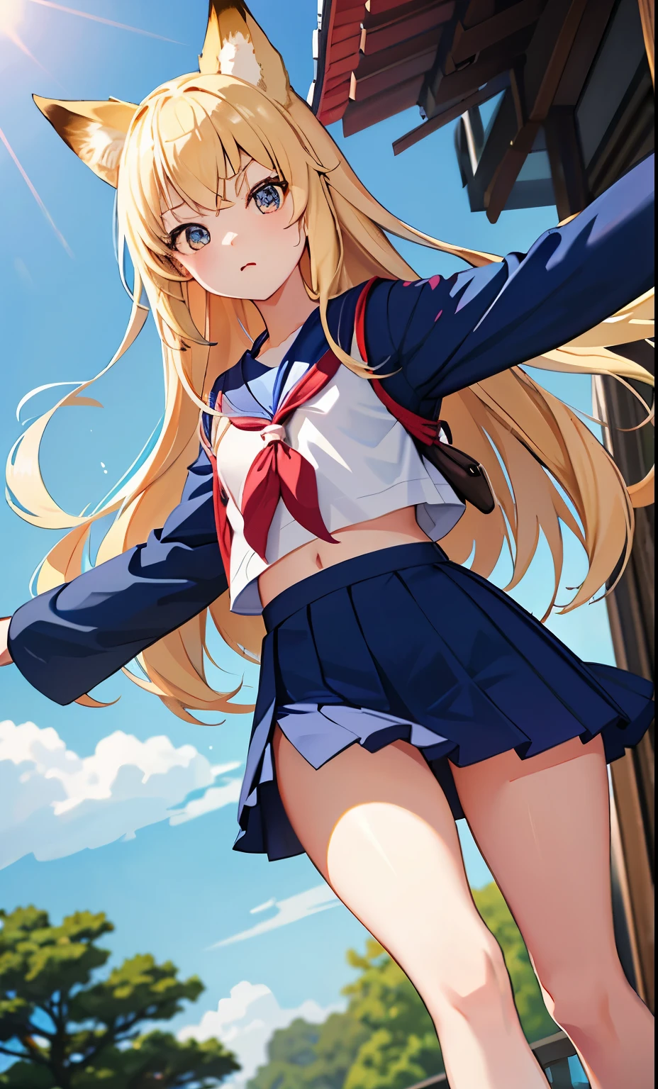 girl、high school 、（small breasts）、flat chest、japanese uniform、Serafuku　summer clothes、cute crotch、movement、（small breasts）、fox ears、blonde hair、15 year