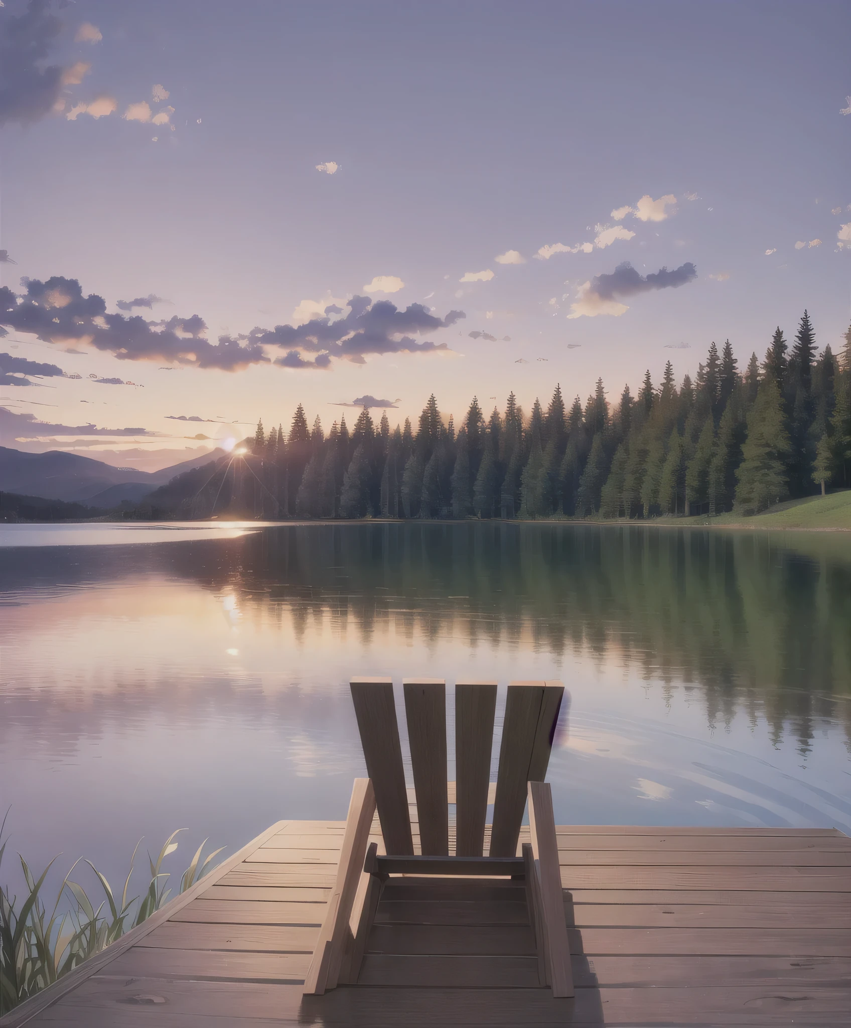 Relaxing in a luxurious deck chair on a pontoon by a private lake at sunset, cabin in the woods