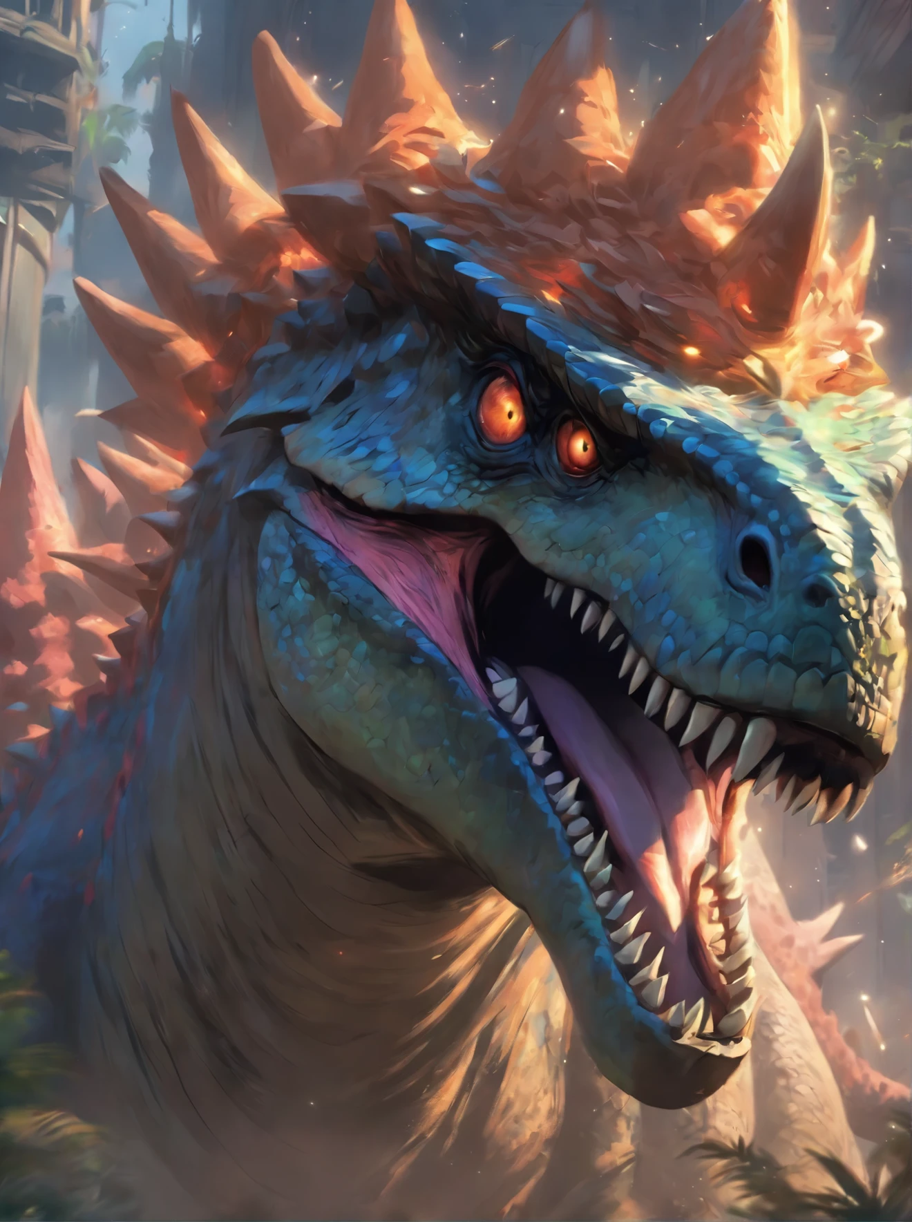 a close up of a dinosaur with a crown on its head, concept art by Aleksi Briclot, trending on cgsociety, fantasy art, 🌺 cgsociety, hyper realistic fantasy monster, the hydra from path of exile, cgsociety ), giant kaiju dragon monster, rending on cgsociety, highly detailed cgsociety, ancient creature, the best on cgsociety