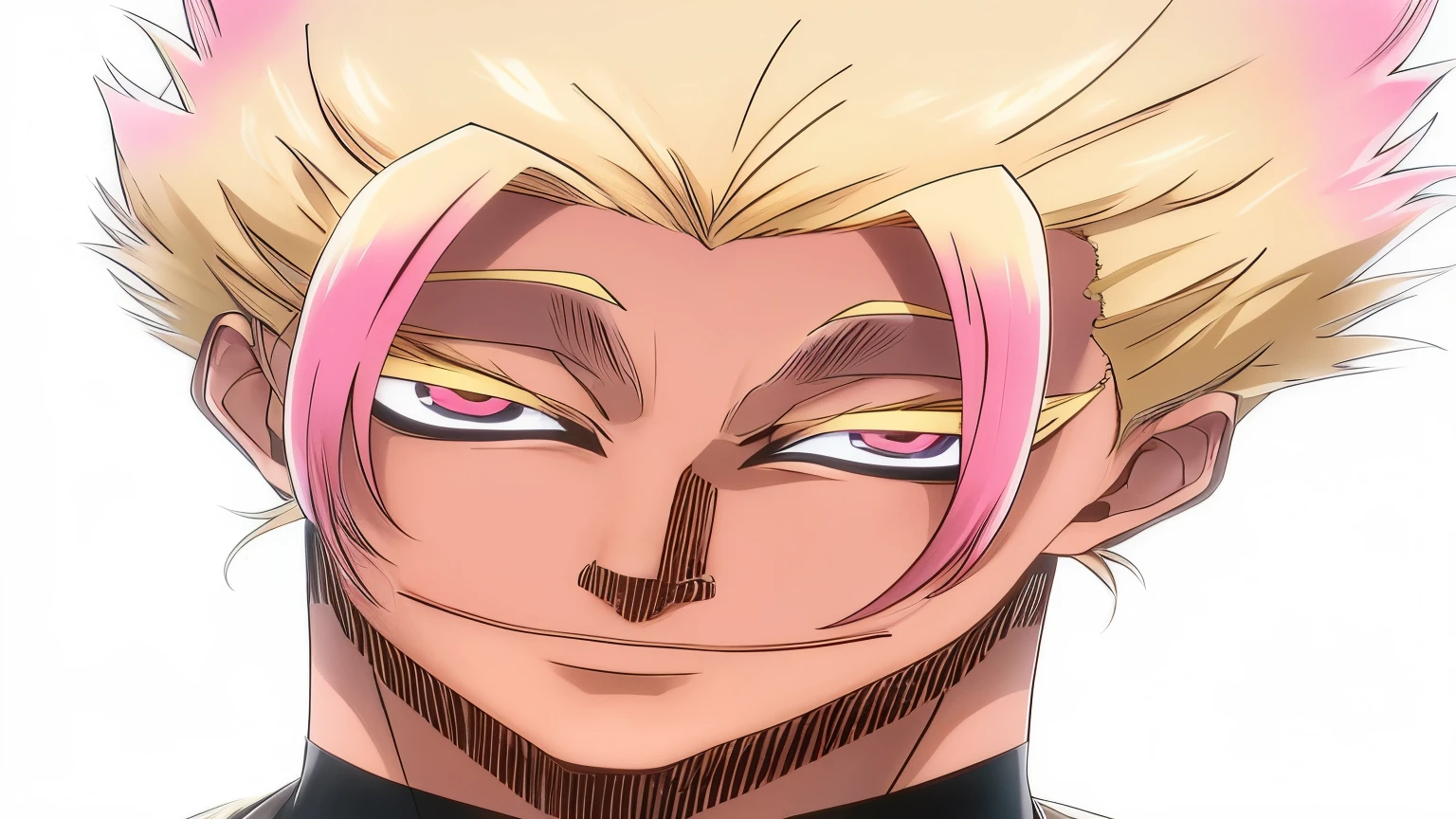 um close de uma pessoa com cabelo loiro e cabelo rosa, Ichigo Kurosaki, yami kawaii, acionar estilo de arte de anime, Coringa parece Naruto, portrait of Hisoka hunter hunter, joseph joestar, German fury, Hisoka, Kentaro Miura manga art style, sorriso malicioso, arte principal do anime