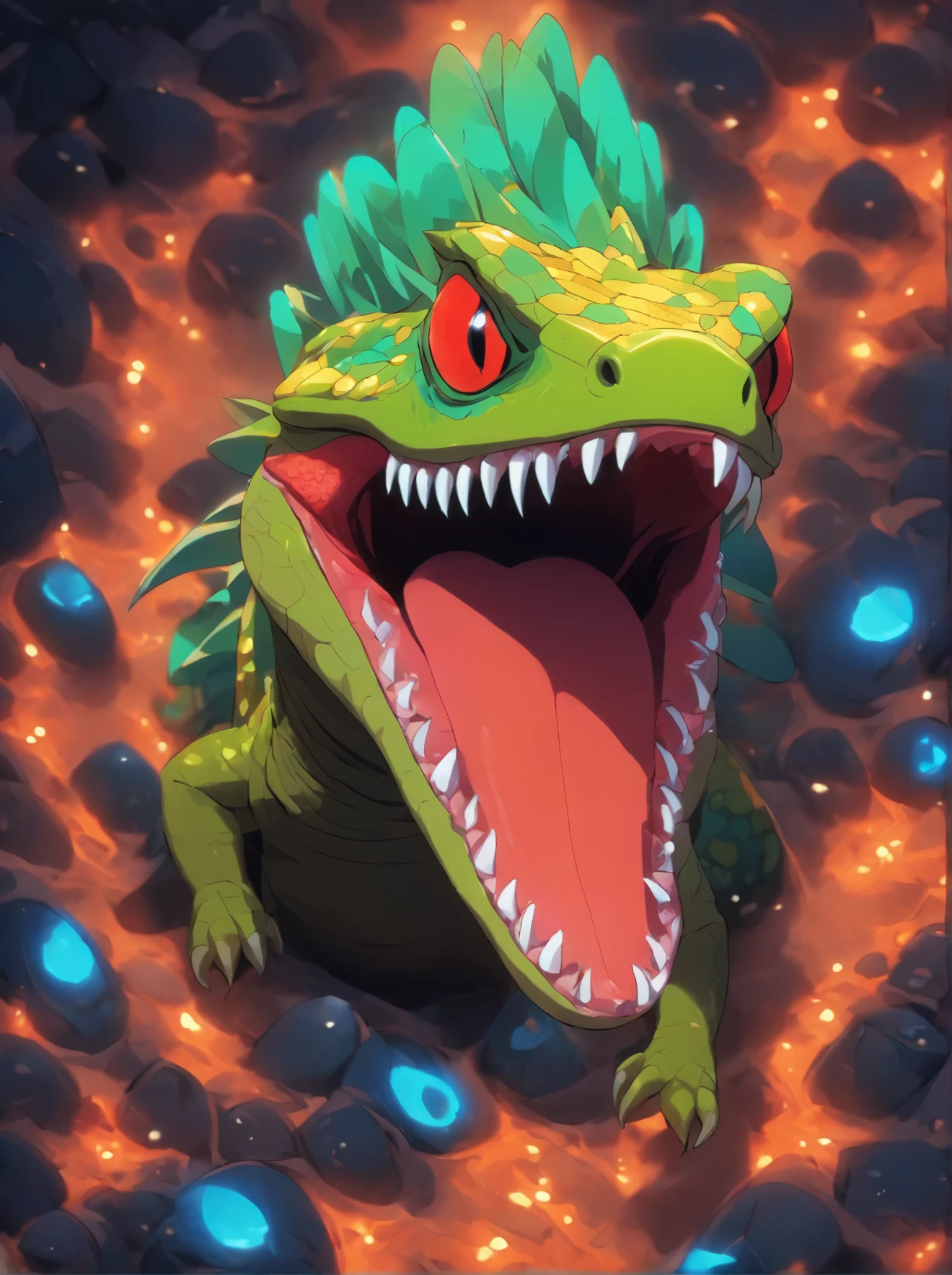 lizard with black skin and orange tongue on carpet, an airbrush painting by Lee Loughridge, trending on zbrush central, new sculpture, darkness ❄️ �️ taxidermetroid, sci-fi lizard alien, lizardlike tongue, cute! biomechanical axolotl, bioluminiscent creature, pastry lizard, detailed creature, lizard tongue