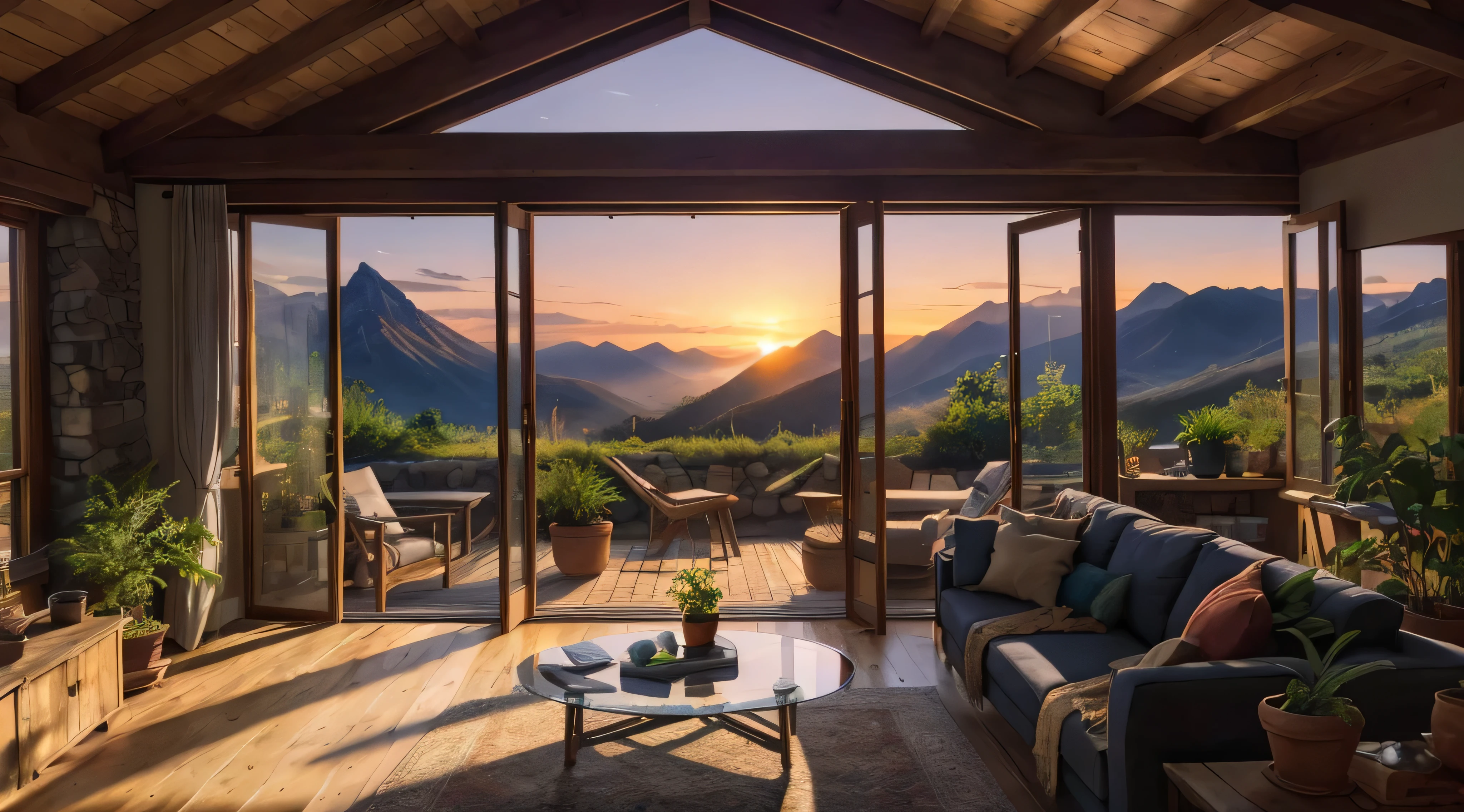 beautiful living room, hyper detailled, many plants, big window, stone wood, view on mountains, sunset