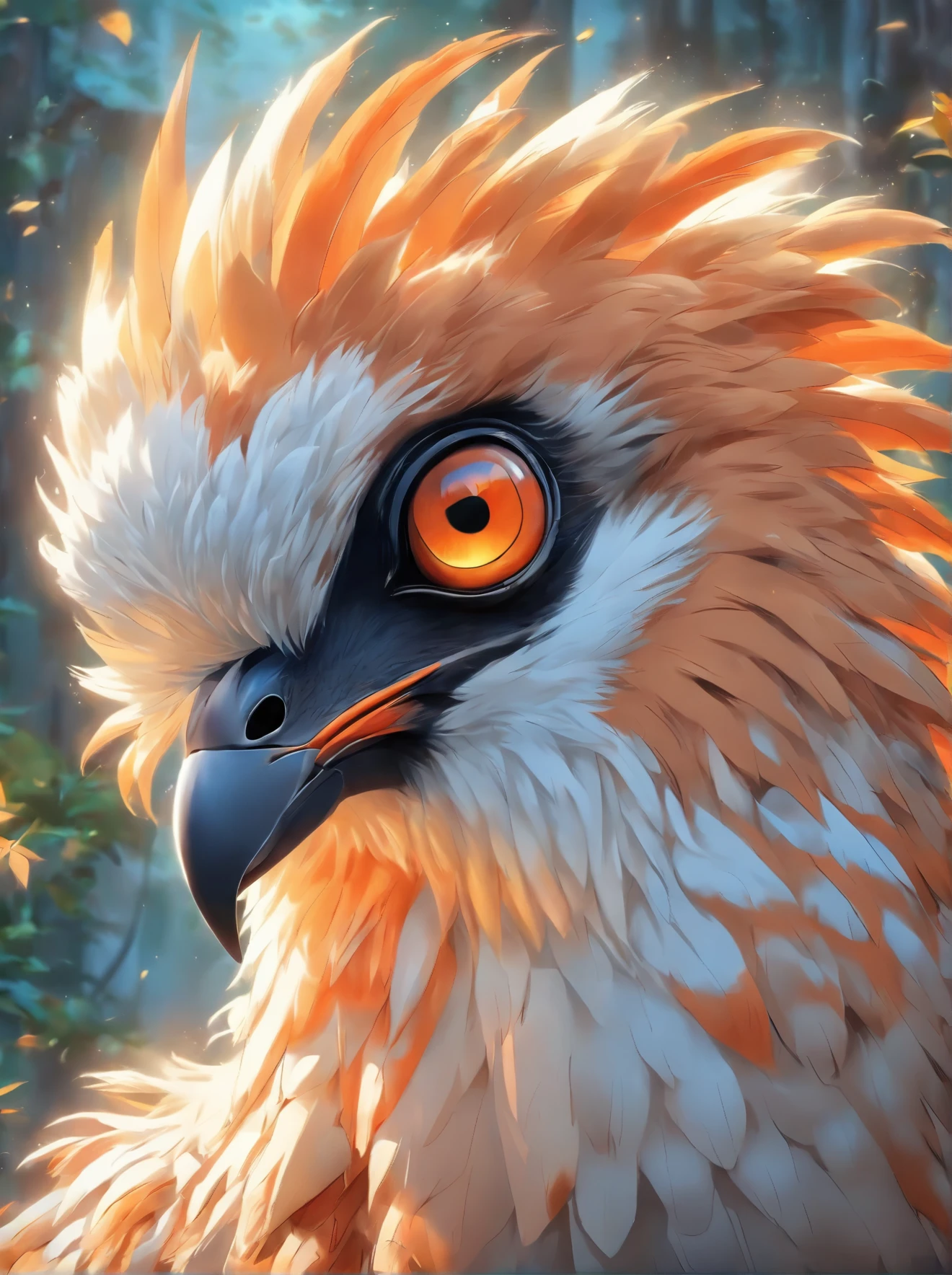 araffe bird with orange eyes and a white body and black wings, ultrarealistic illustration, ultra realistic illustration, extremely detailed painting, extremely detailed and sharp, very detailed painting, very detailed and sharp, hyperrealistic illustration, incredible sharp detail, ultra realistic art, extremely sharply detailed, hyper realistic detailed, ultra realistic!!!, incredibly detailed oil painting
