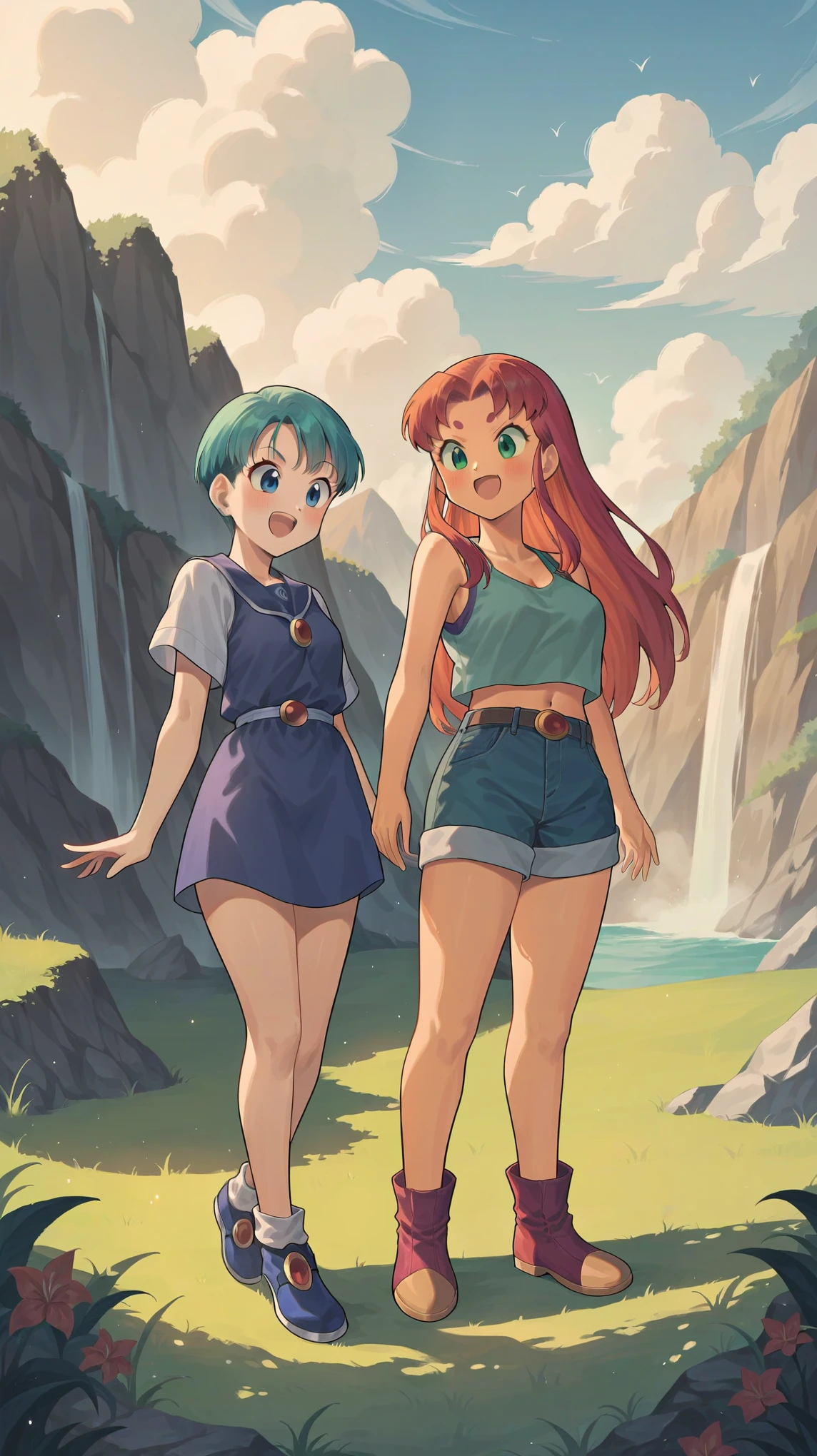 score_9, score_8_up, score_7_up, score_6_up, (by blade \(galaxist\):.6), (by null:.5), 2girls, bulma, starfire, dragon ball, titans, bulma and starfire, standing