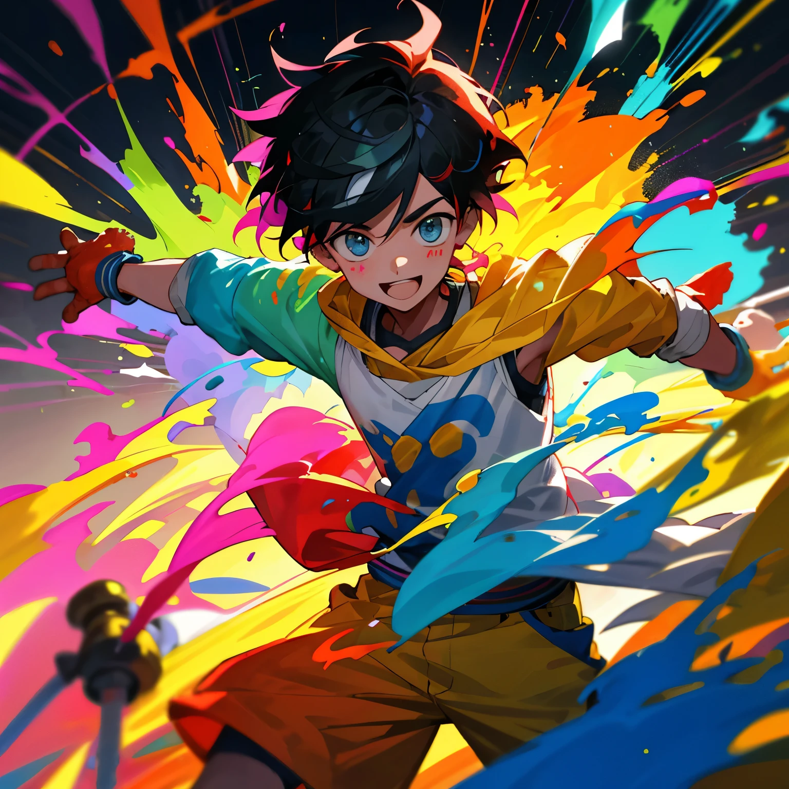 Anime boy named Prateek, joyfully celebrating Holi, Splash of colors adorning his face, Electrical tools in the background, Wires sparking with vibrant hues, Boy raises arms in delight, Smiling radiantly, Festive mood enveloping the scene, Electric drill and paintbrush in hand, Prateek's excitement palpable, Electric tools adding a splash of unique colors to the festival celebration, Hues of electricity merging with traditional Holi colors, Boy's hair messy from playful fun, Sparking connection between boy and festivity.