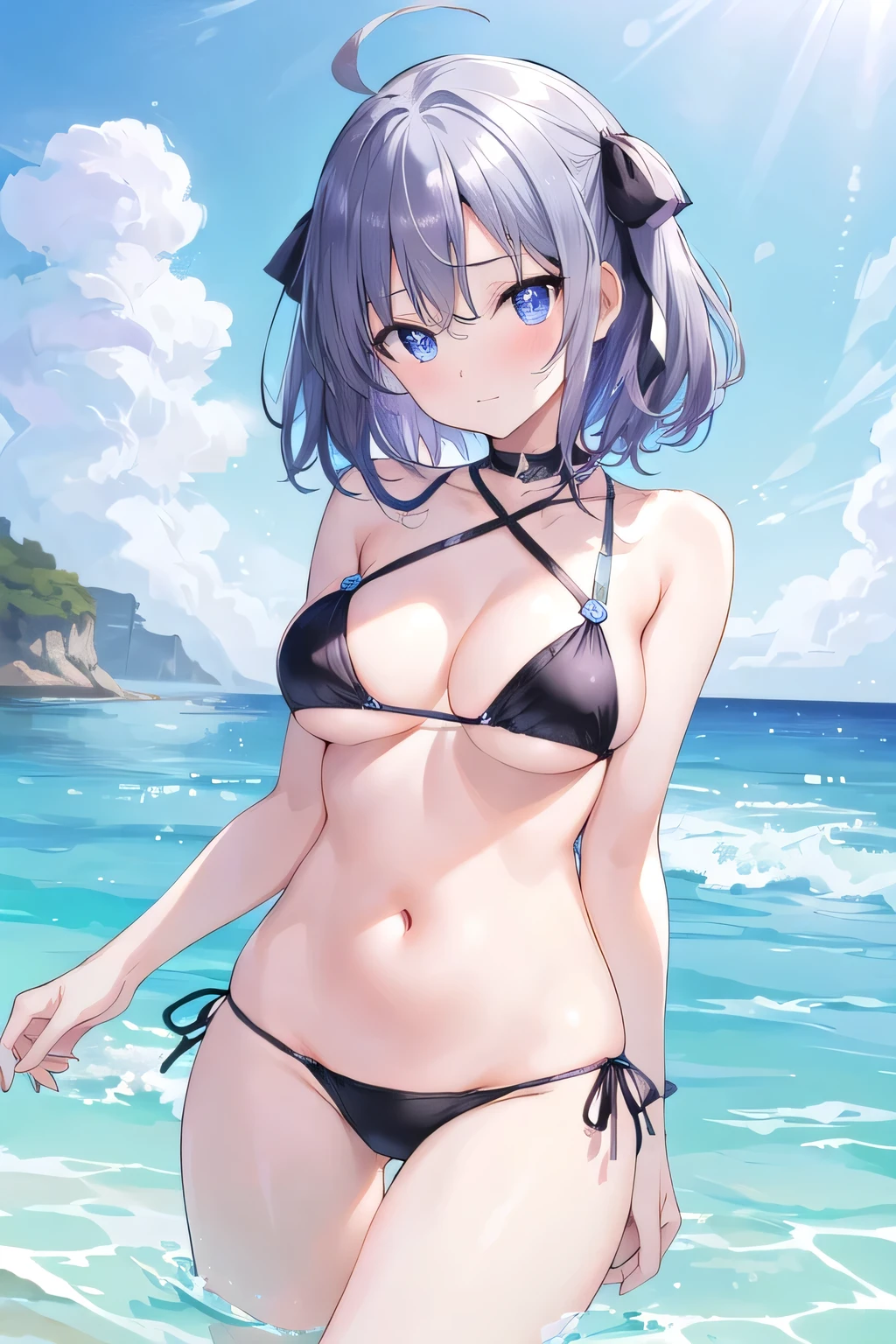 Ocean、Dolphin、(belly button)、(thighs)、(((sexy look)))、beautiful breasts、whitening、beautiful skin、((((blush))))、(realism)、((super fine))、((highest quality))、((masterpiece))、(ultra high resolution)、(black hair ribbon)、(hairpin)、(medium hair)、((Silver hair with purple highlights:1.2))、black bikini、(Ahoge)、(sparkling eyes)、(8K)、(Super detailed)、(Ultra high definition)、(very detailed)、(beautiful eyes)、(beautiful face)、(puffy eyes)、(blue eyes)、look at the camera