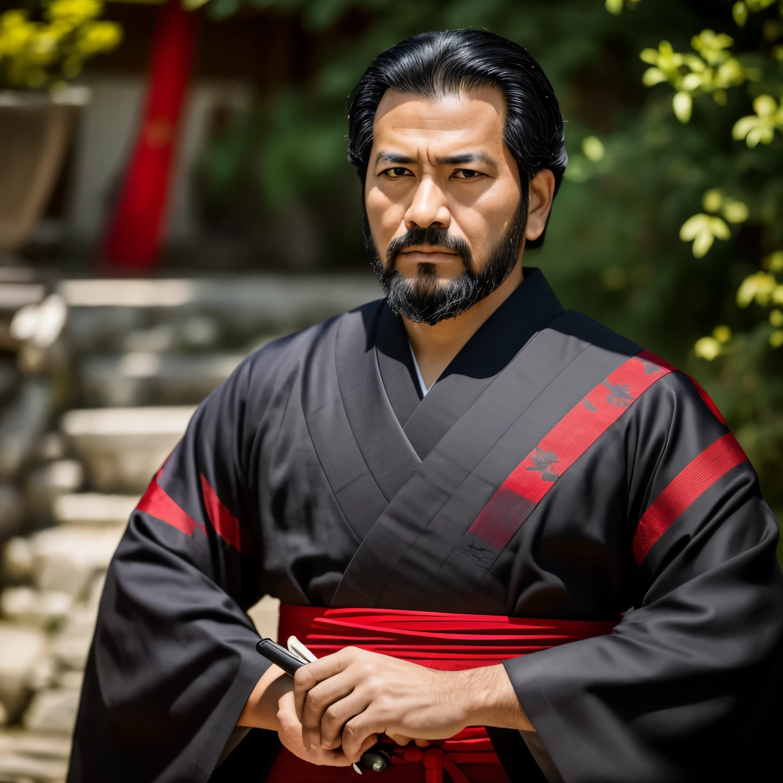 Saturo Gojo, a 35-year-old man with jet black hair and sharp, piercing eyes, ((pechos prominentes)), ((hiperrealista)), crimson red kimono, montaruna dyes, front view, selfie, taken with Canon EOS R5, ((qualidade excepcional)), ((obra-prima)), authentic Japanese style, SFW, serious expression, deep focus, natural sunlight, 6k resolution, RAW format, Adobe Camera Raw, (fotorrealista:1.5), dressed as a samurai, traditional sword by his side, calligraphy brush in hand, studying in the garden, masterpiece,
