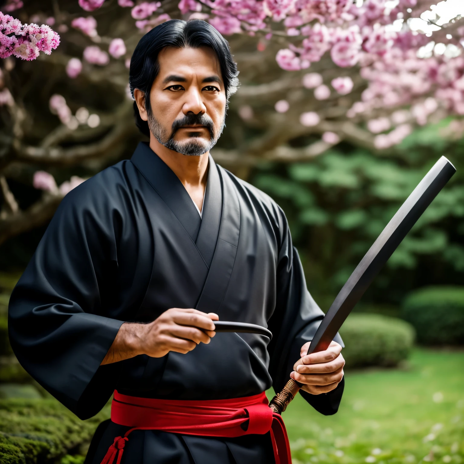 Saturo Gojo, a 35-year-old man with jet black hair and sharp, piercing eyes, ((pechos prominentes)), ((hiperrealista)), crimson red kimono, montaruna dyes, front view, selfie, taken with Canon EOS R5, ((qualidade excepcional)), ((obra-prima)), authentic Japanese style, SFW, serious expression, deep focus, natural sunlight, 6k resolution, RAW format, Adobe Camera Raw, (fotorrealista:1.5), dressed as a samurai, traditional sword by his side, calligraphy brush in hand, studying in the garden, masterpiece,
