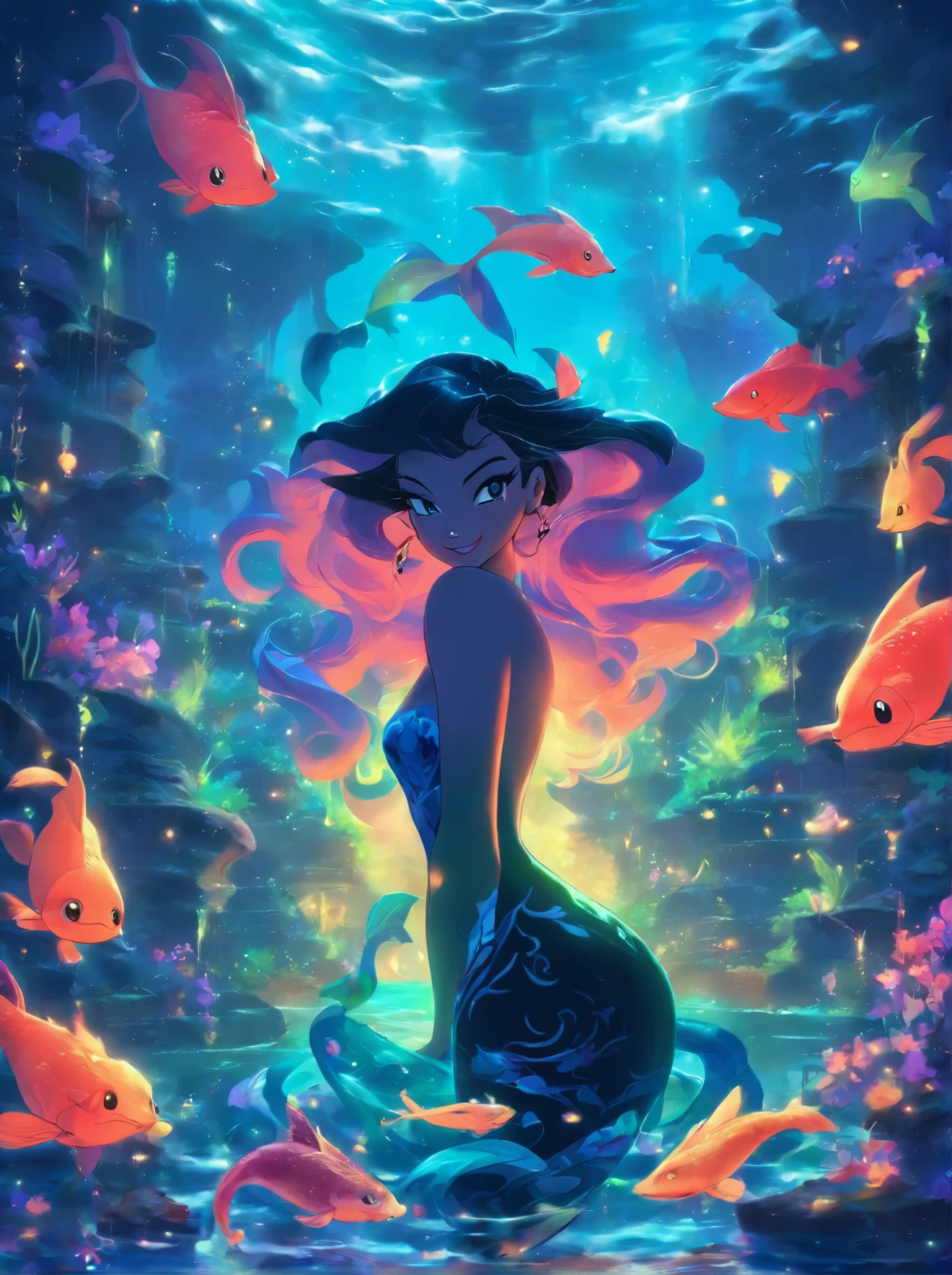 araffes in a lake with a moon and bats, mermaids, brittney lee, sirens, disney concept art, ✨🕌🌙, official fanart, disney concept artists, mermaids in distance, art in the style of disney, mermaids and fish, female disney villain, disney art style, godesses, ilustration, morticia addams