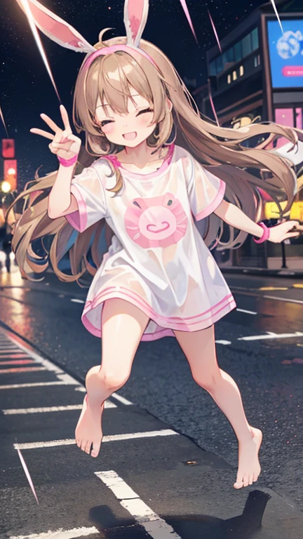 a cute 7 year old christian girl named Bella, long wavy hair, night time, light brown hair, well lit bustling city, joyful, slight smile, eyes closed, running , white/pink short sleeved tshirt, no pants wristbands, barefoot, running, winking, slight rain, hand details, feet details, wearing no shoes, very skinny, cute blue eyes, winking, pink hairband with pink bunny ears, peace sign pose, sole of foot