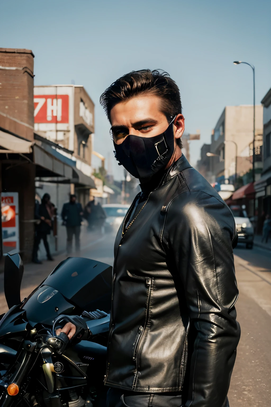 RAW, people, 1boy, neon riding a motorcycle, motorcycle neon chariot (a handsome boy cool-Man, male, Beautiful man: 1.5), (no mask, face: 2), handsome, classic pose, masterpiece, super fine photos, best quality, super high resolution, photorealistic realism, sunny handsome, full body portrait, delicate face, vibrant eyes, (viewed from the side), she is wearing a futuristic steel woman, very detailed background, detailed face, detailed complex busy background, highly detailed skin, realistic skin details, visible pores, sharp focus, volumetric fog, 8k uhd, DSLR, high quality, film grain, photo realism, wheat skin,