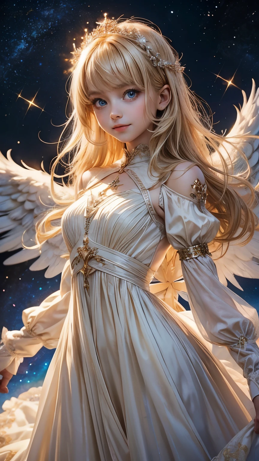 "Create an extreme close-up portrait of a Luminous Fairy. The focus should be on her radiant face, with flowing golden or white hair framing her features. Her eyes are bright and shining, radiating warmth and compassion. Her expression is warm and nurturing, with a gentle, reassuring smile and eyes that convey a deep sense of kindness. Her shimmering, prism-like wings can be subtly visible in the background, adding a touch of celestial glow to the image. The background should be softly blurred to keep the emphasis on her divine and heavenly aura."