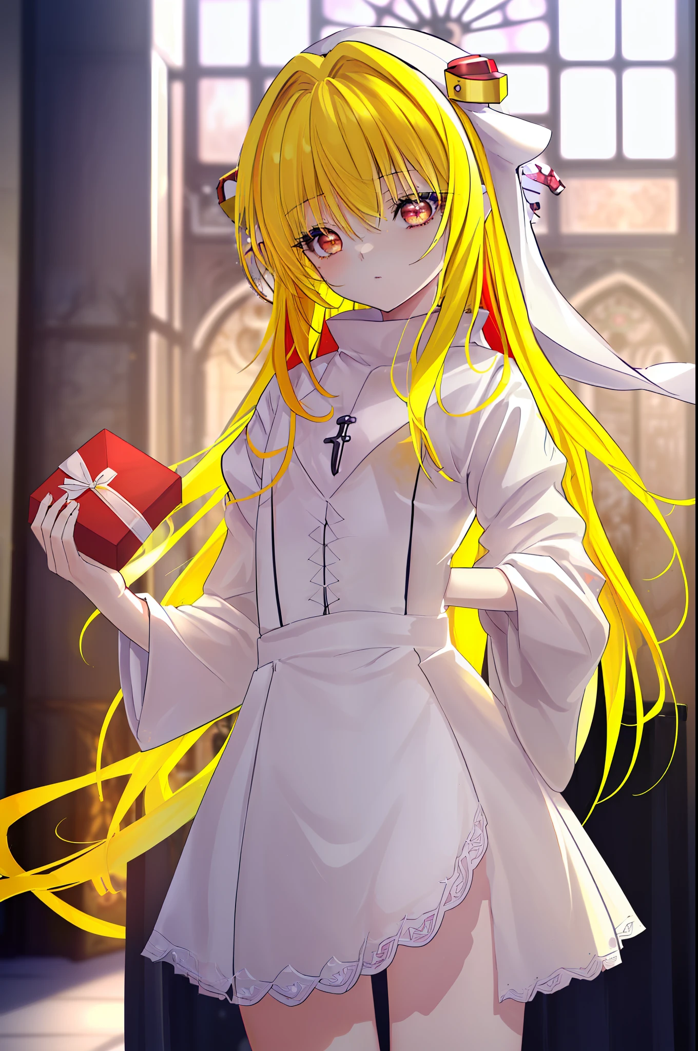 toloverumy, my, (yellow hair:1.5), long hair, (red eyes:1.5), (hair ornaments:1.2), (small box:1.2), break habit, long sleeve, nun, robe, white robe, wide sleeve,祈りの手
break indoors,church ,
break looking at viewer, (cowboy shot:1.5),
break (masterpiece:1.2), highest quality, High resolution, unity 8k wallpaper, (figure:0.8), (detailed and beautiful eyes:1.6), highly detailed face, perfect lighting, Very detailed CG, (perfect hands, perfect anatomy),