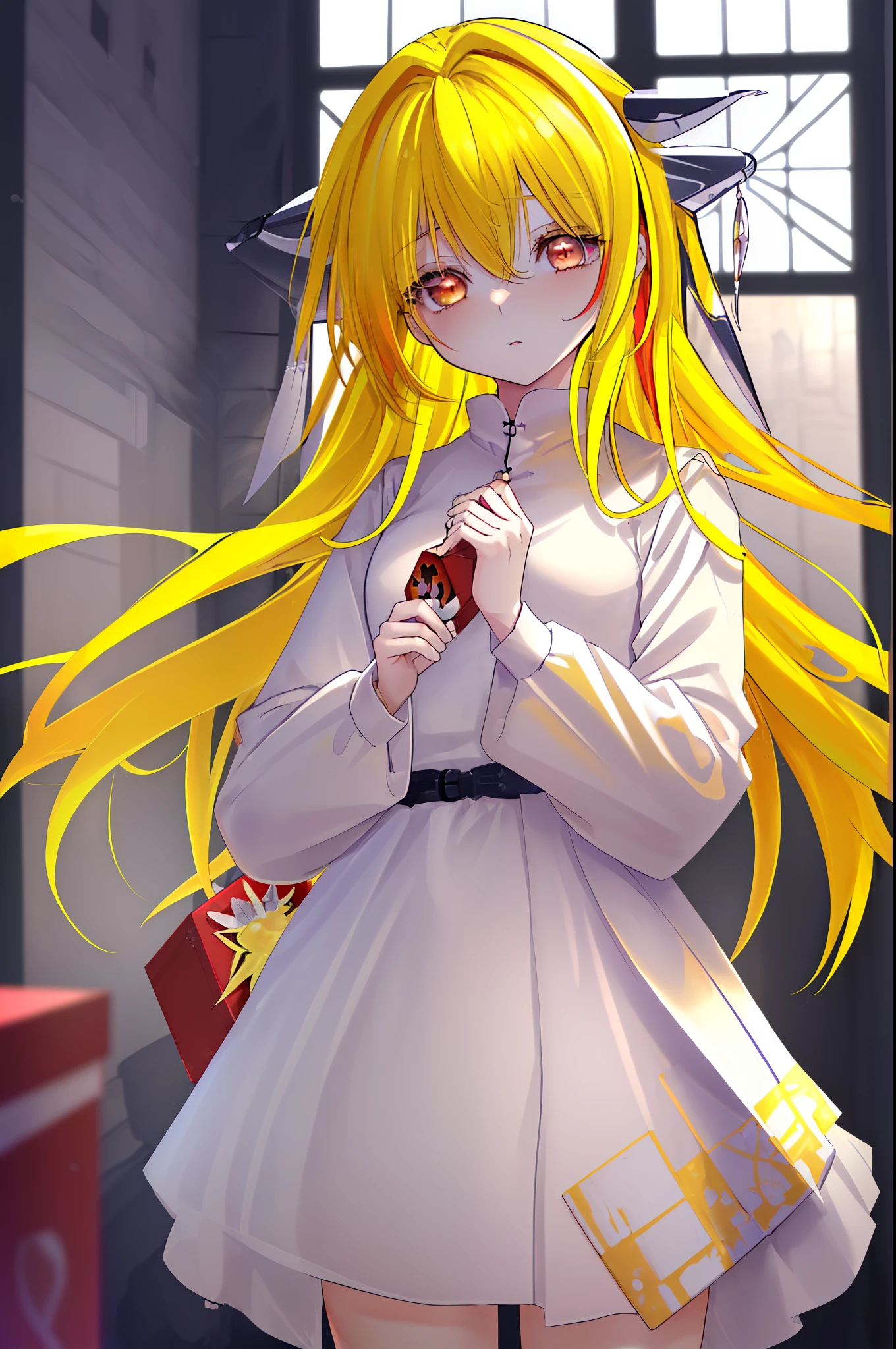 toloverumy, my, (yellow hair:1.5), long hair, (red eyes:1.5), (hair ornaments:1.2), (small box:1.2), break habit, long sleeve, nun, robe, white robe, wide sleeve,祈りの手
break indoors,church ,
break looking at viewer, (cowboy shot:1.5),
break (masterpiece:1.2), highest quality, High resolution, unity 8k wallpaper, (figure:0.8), (detailed and beautiful eyes:1.6), highly detailed face, perfect lighting, Very detailed CG, (perfect hands, perfect anatomy),