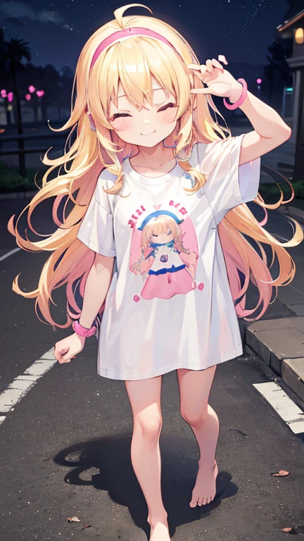 a cute 6  church girl named Brooke, blonde hair, long wavy hair, smile, short sleeved tshirt white, no pants, pink hairband, eyes closed, sunset, barefoot, wristbands, walking